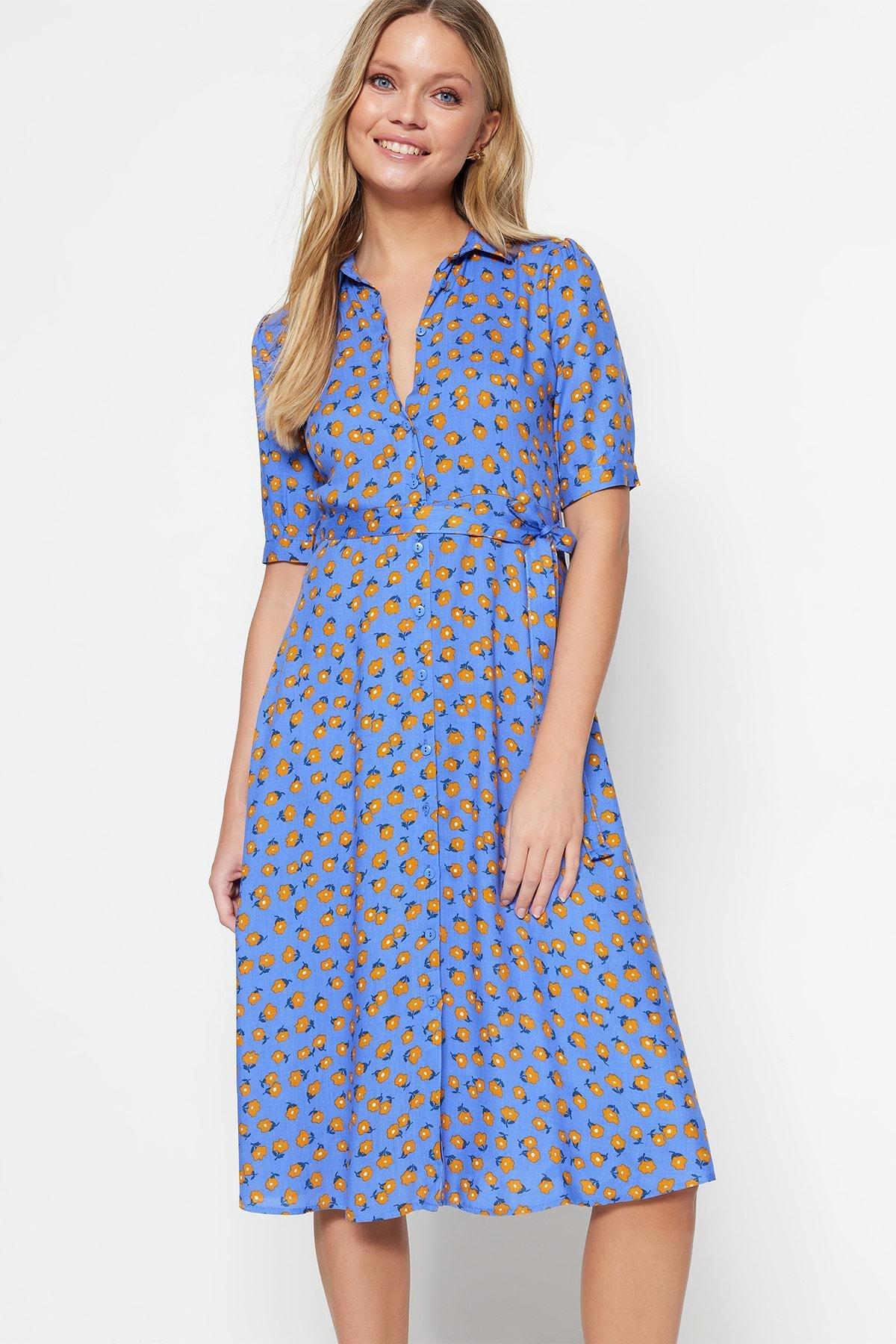 Blue Floral Shirt Dress, , large image number 1