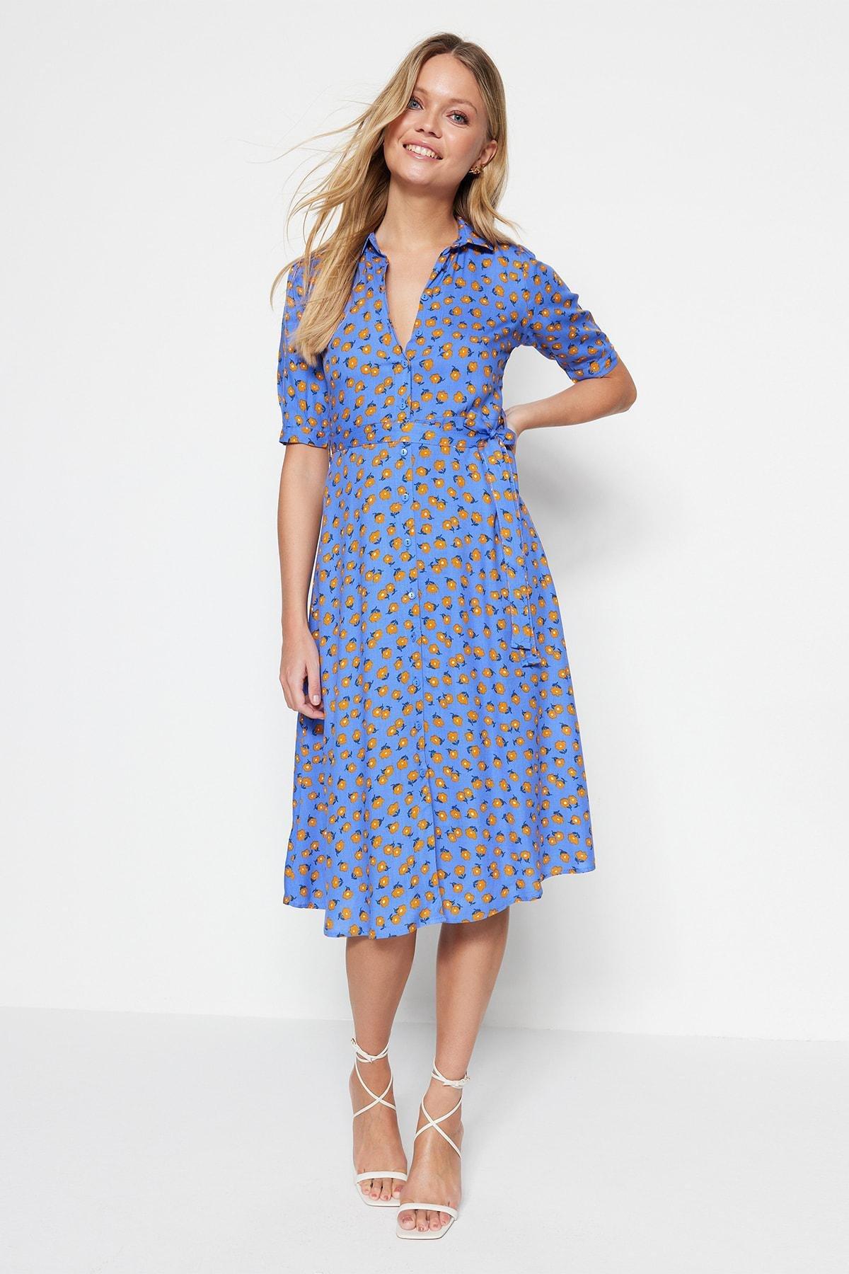 Blue Floral Shirt Dress, , large image number 3