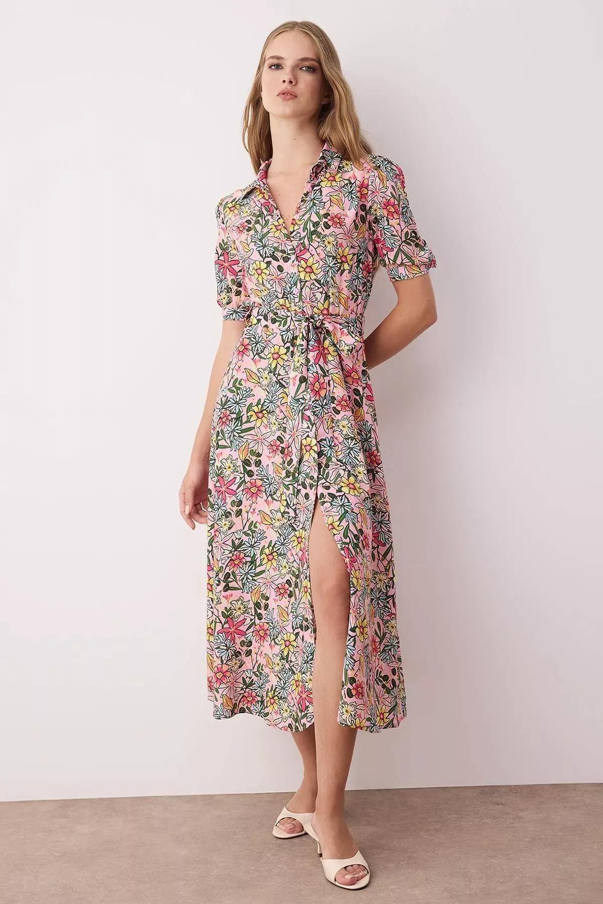 Multicolour Floral Shirt Collar Dress, , large image number 1