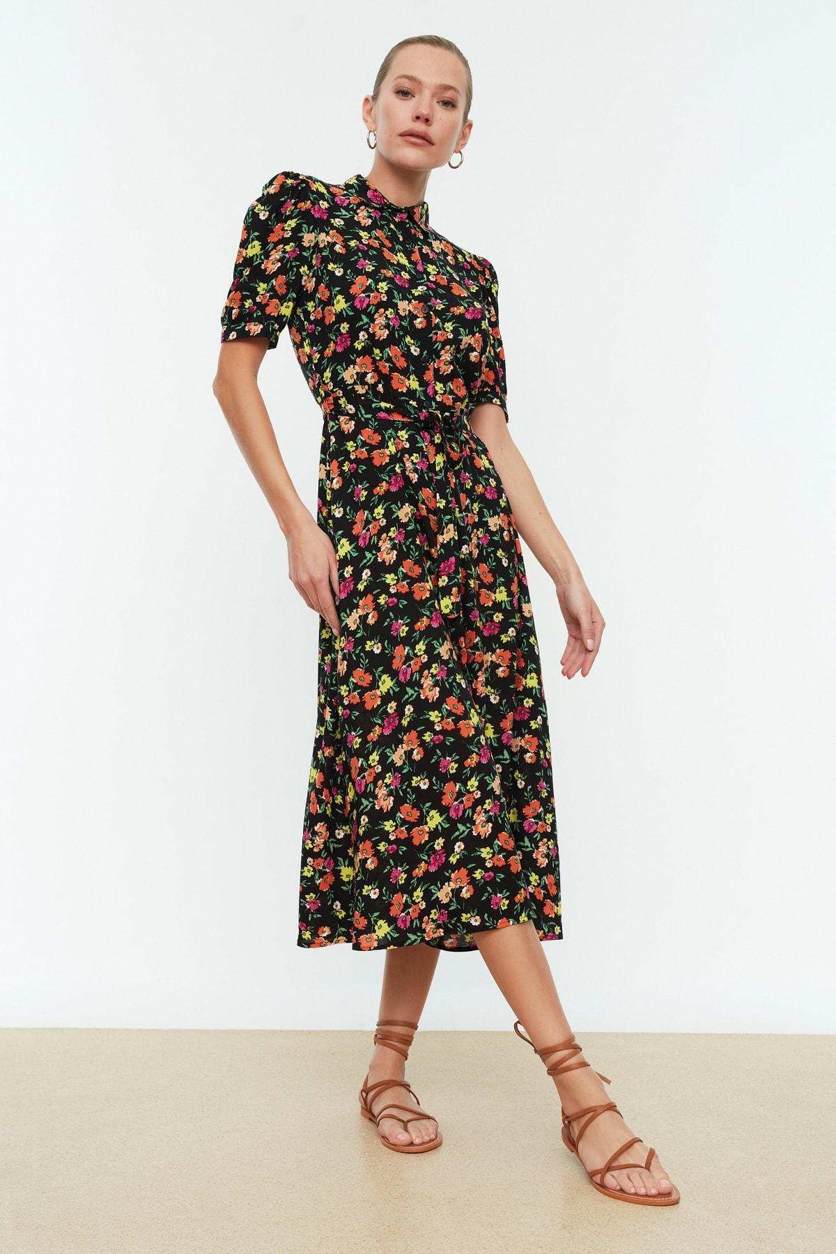 Black Floral Shirt Collar Dress, , large image number 0