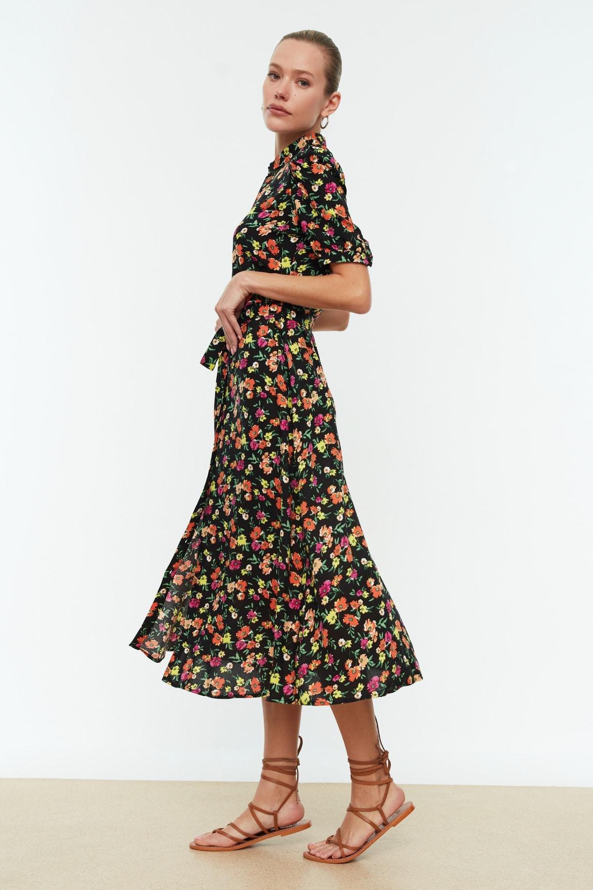 Black Floral Shirt Collar Dress, , large image number 1