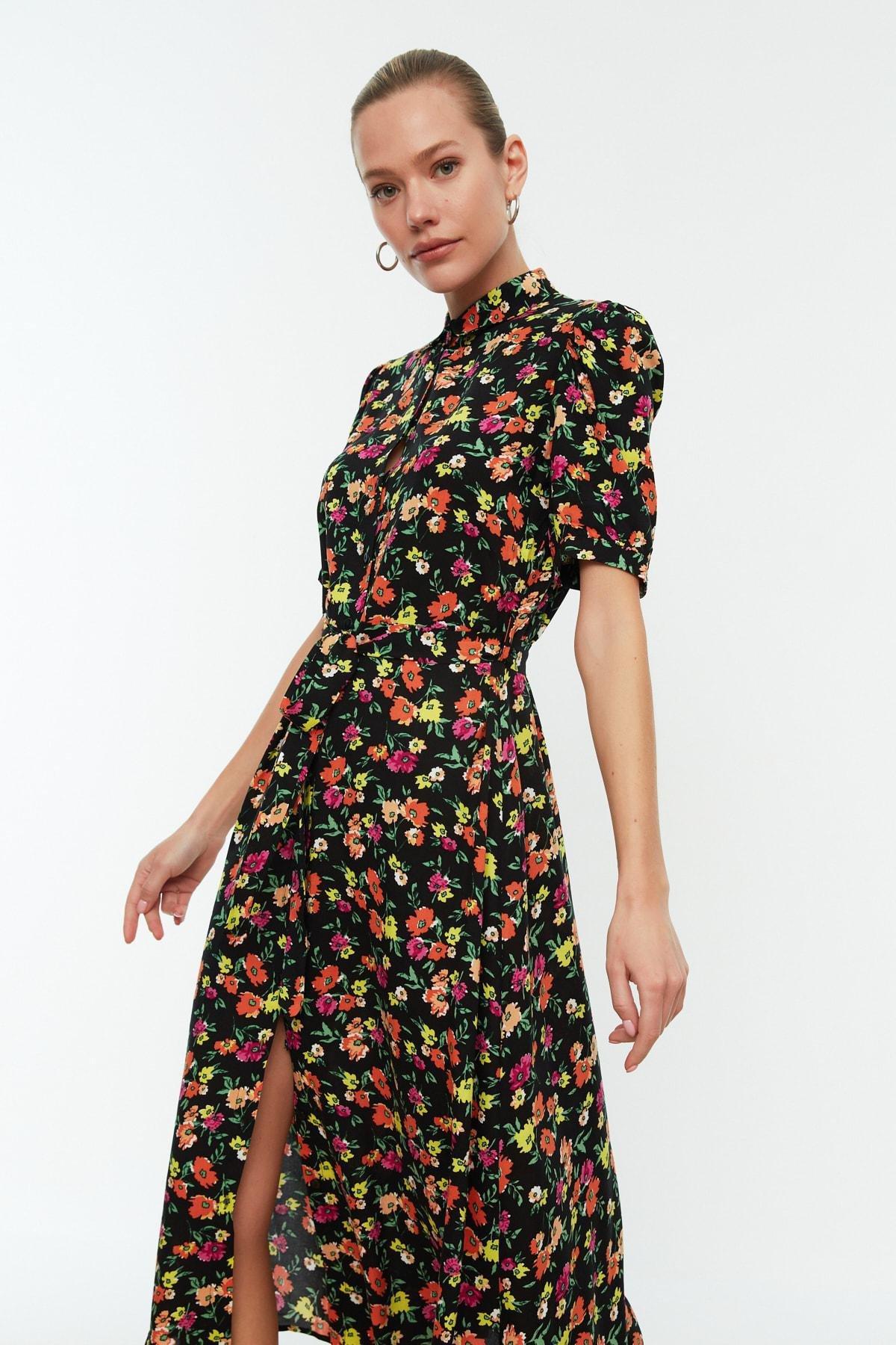 Black Floral Shirt Collar Dress, , large image number 2