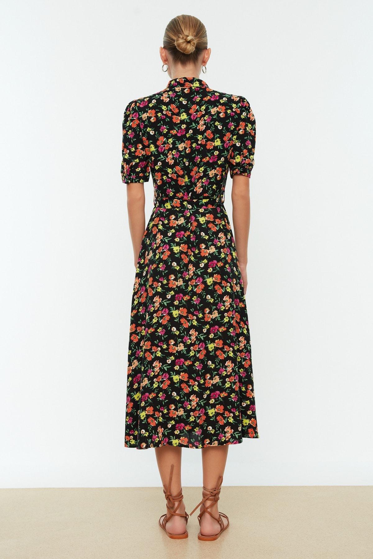 Black Floral Shirt Collar Dress, , large image number 3