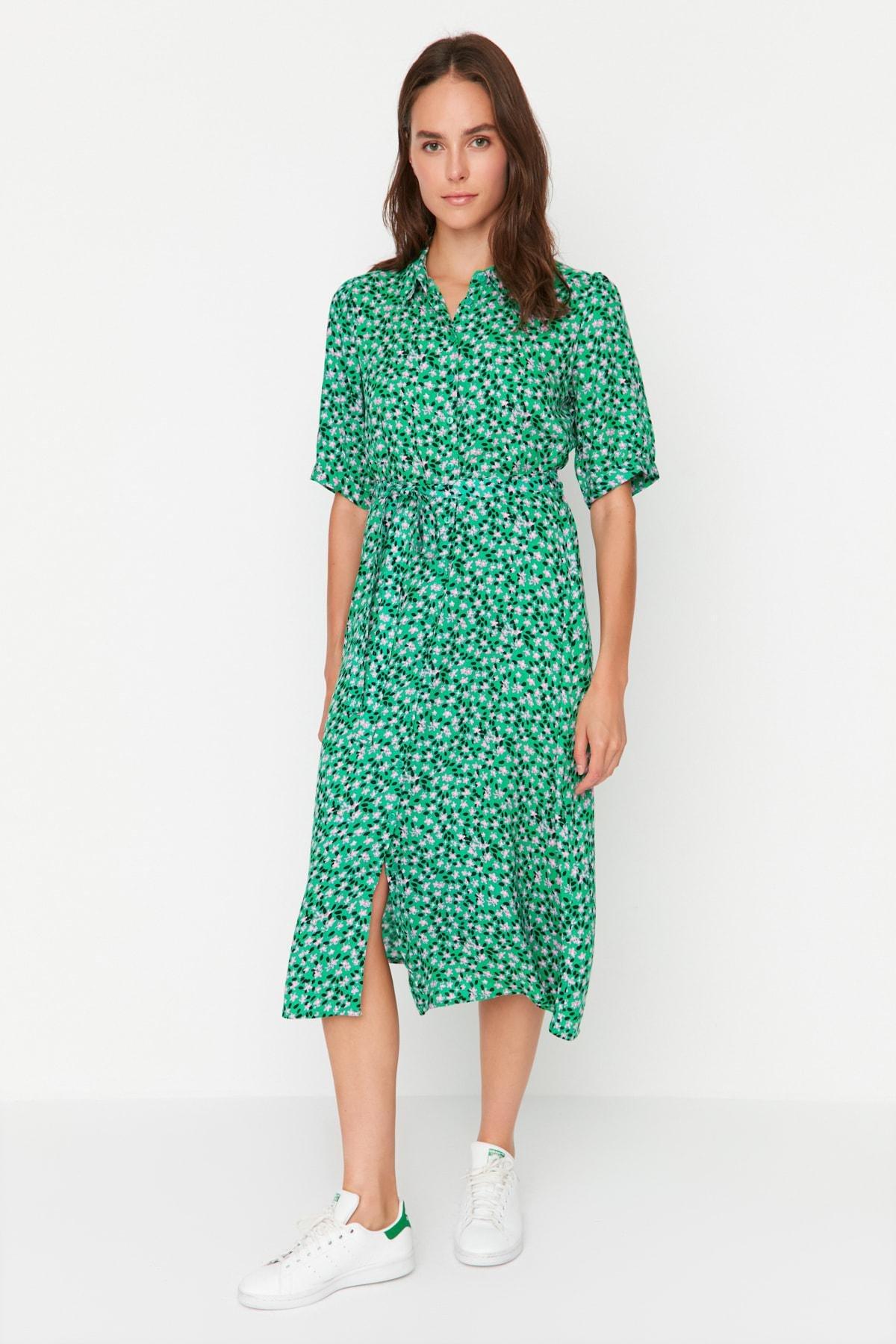 Green Floral Shirt Dress, , large image number 0