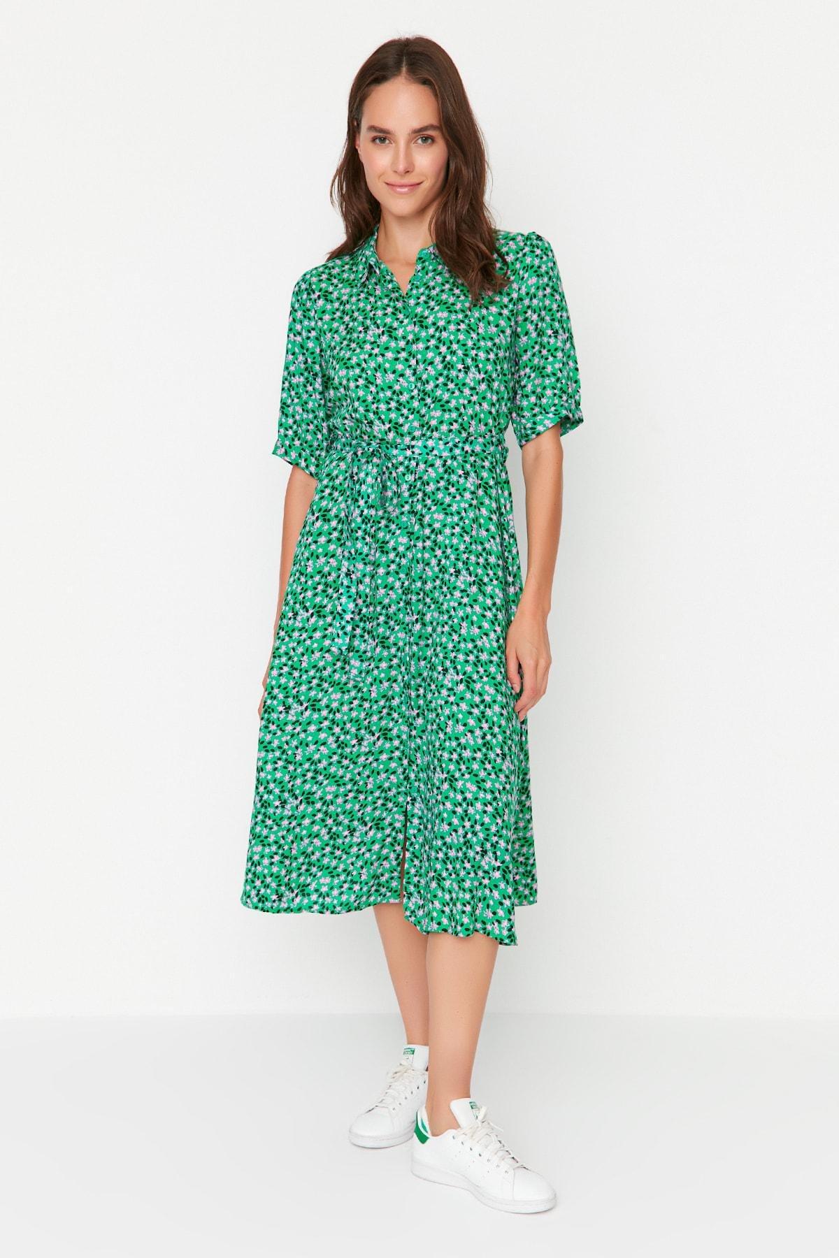 Green Floral Shirt Dress, , large image number 1