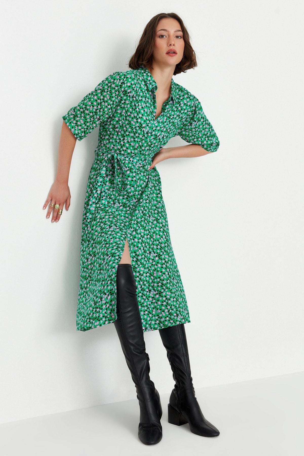 Green Floral Shirt Dress, , large image number 5