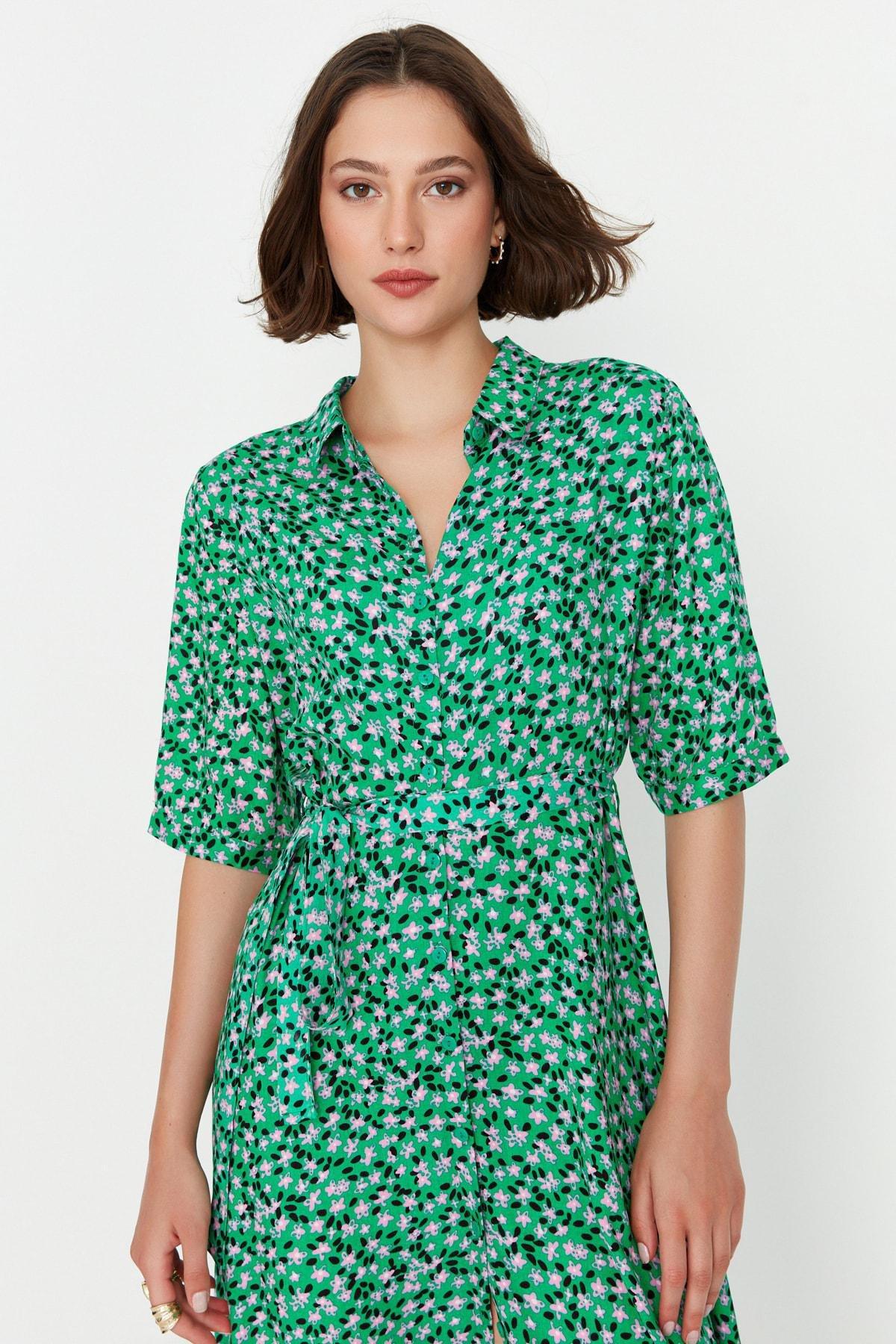 Green Floral Shirt Dress, , large image number 6