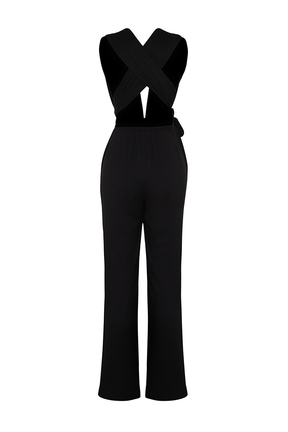 Black Belted Woven Jumpsuit, , large image number 6