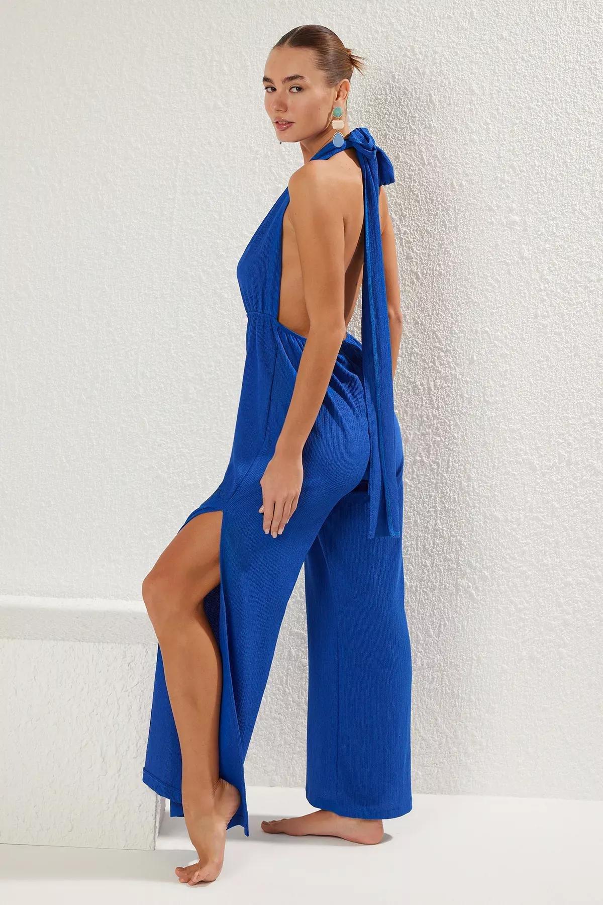 Blue Belted Beach Jumpsuit, , large image number 0