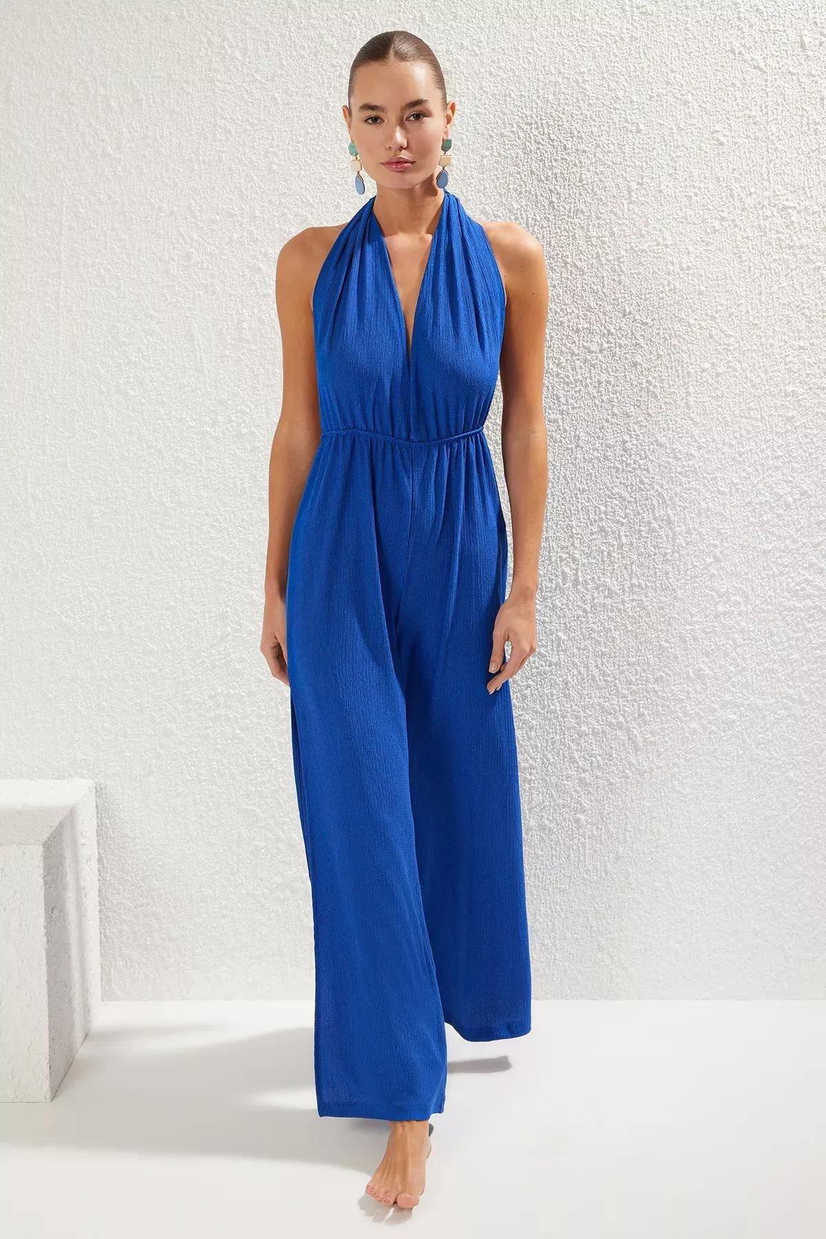 Blue Belted Beach Jumpsuit, , large image number 1