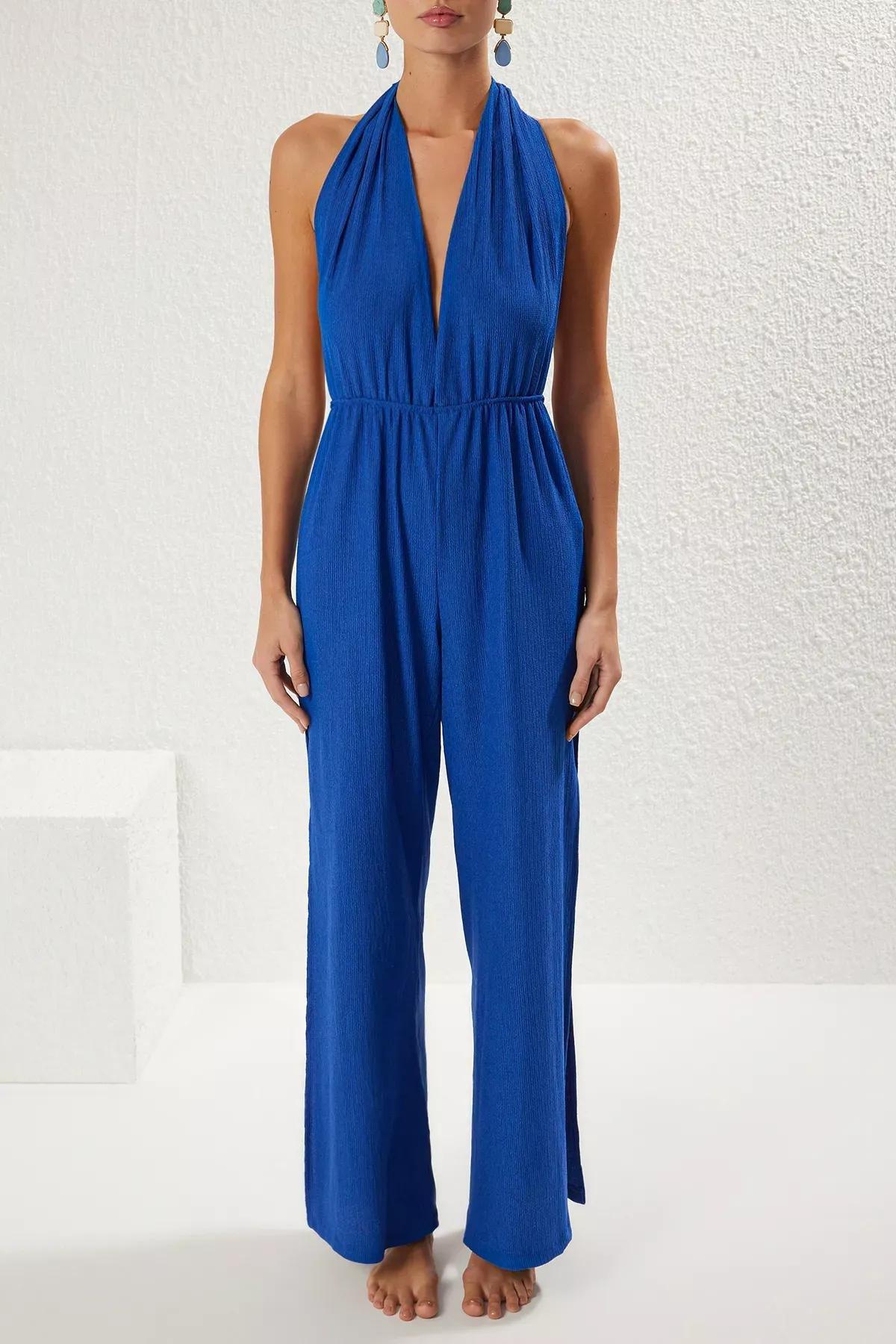 Blue Belted Beach Jumpsuit, , large image number 2