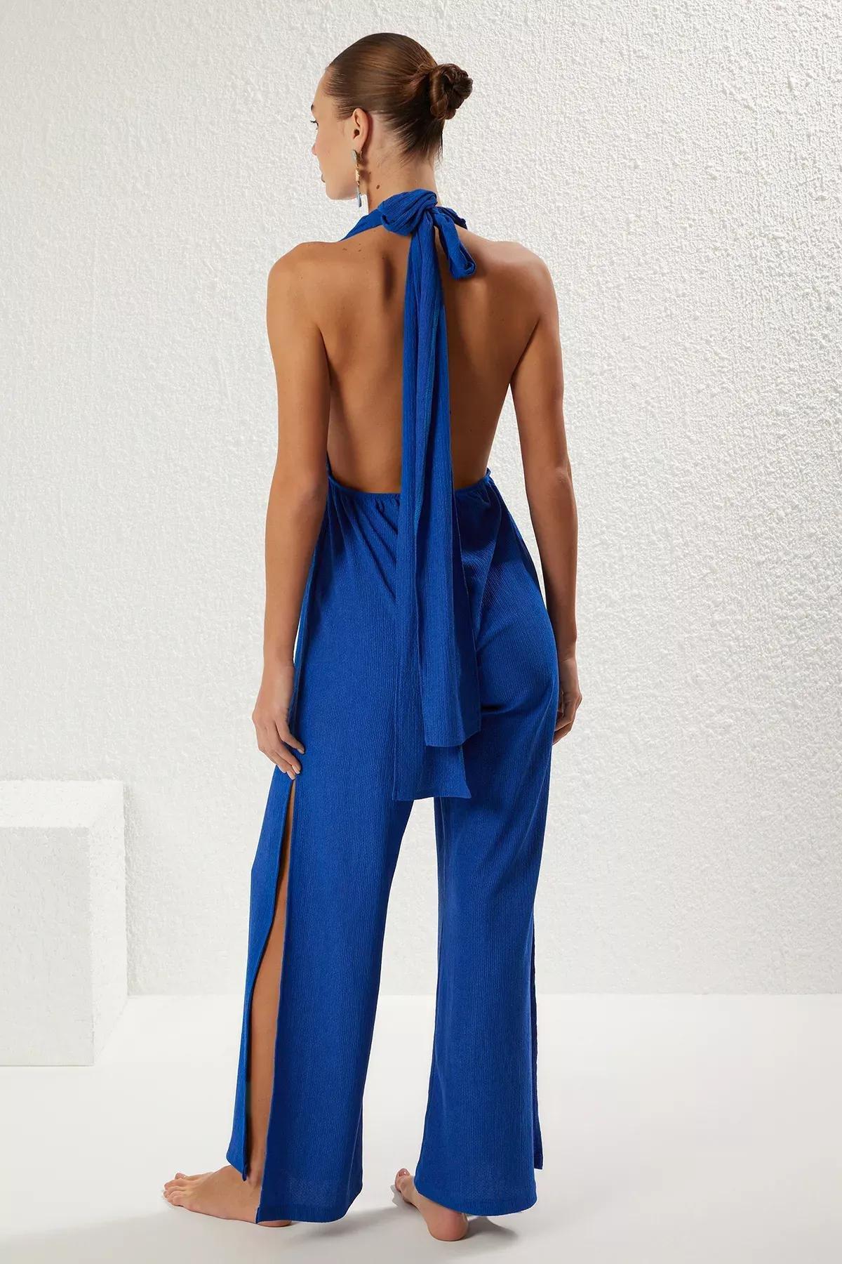 Blue Belted Beach Jumpsuit, , large image number 4