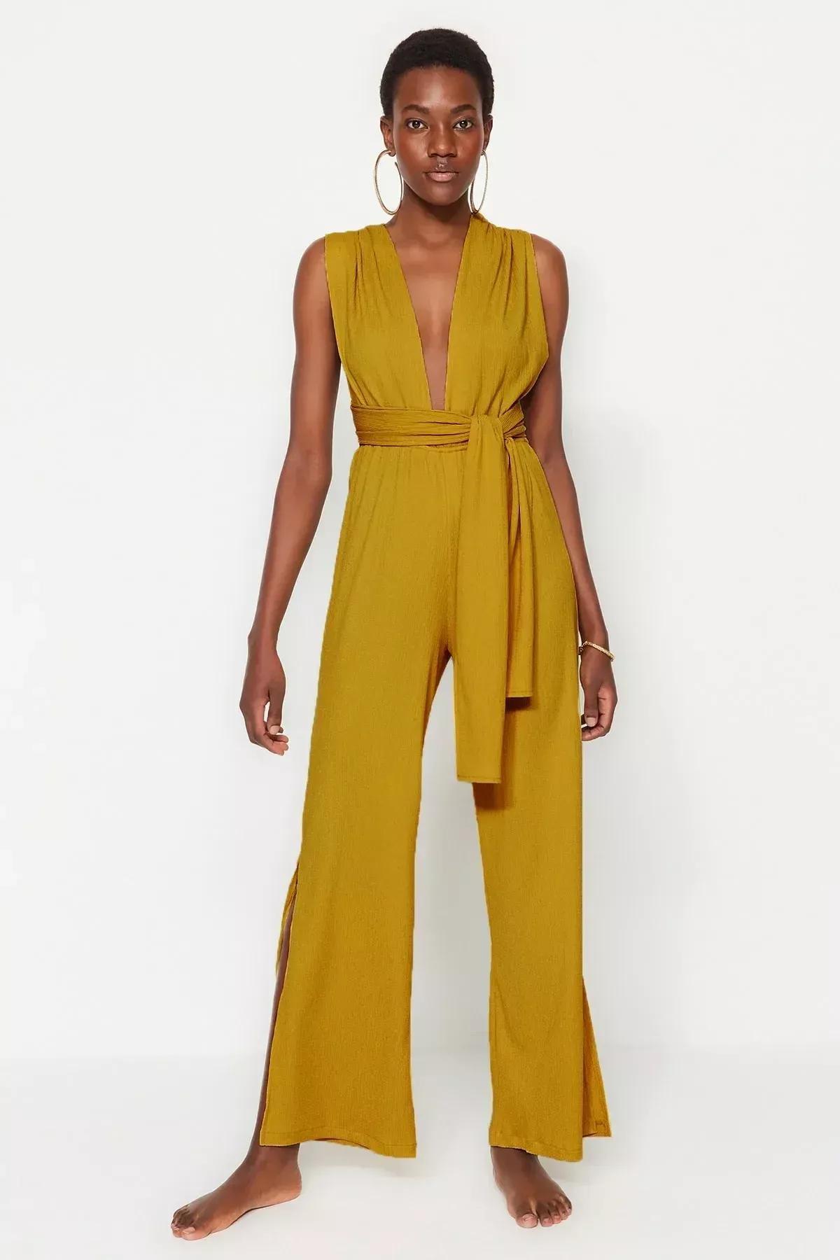 Green V-Neck Jumpsuit, Green, medium