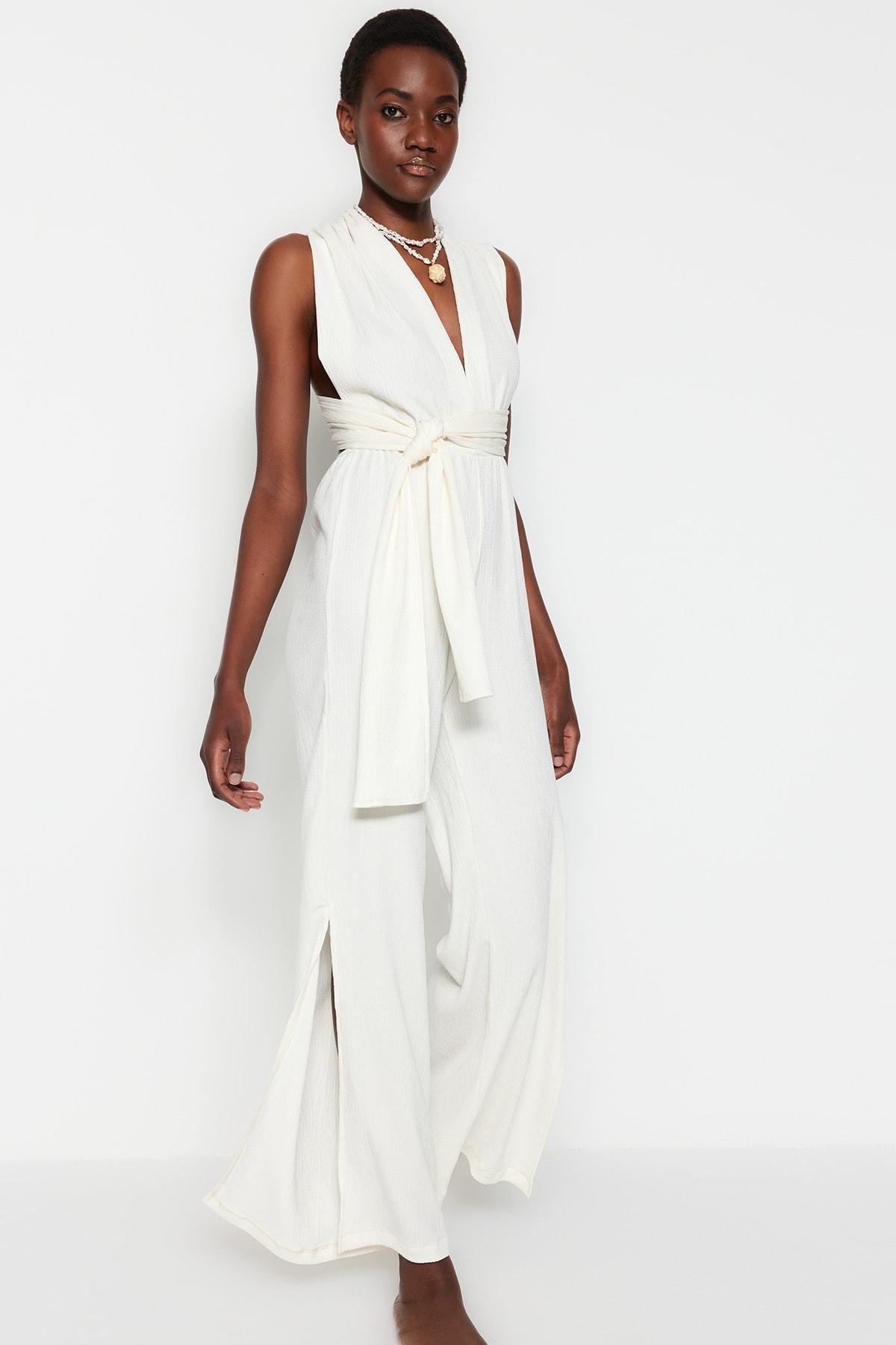 White V-Neck Jumpsuit, , large image number 0