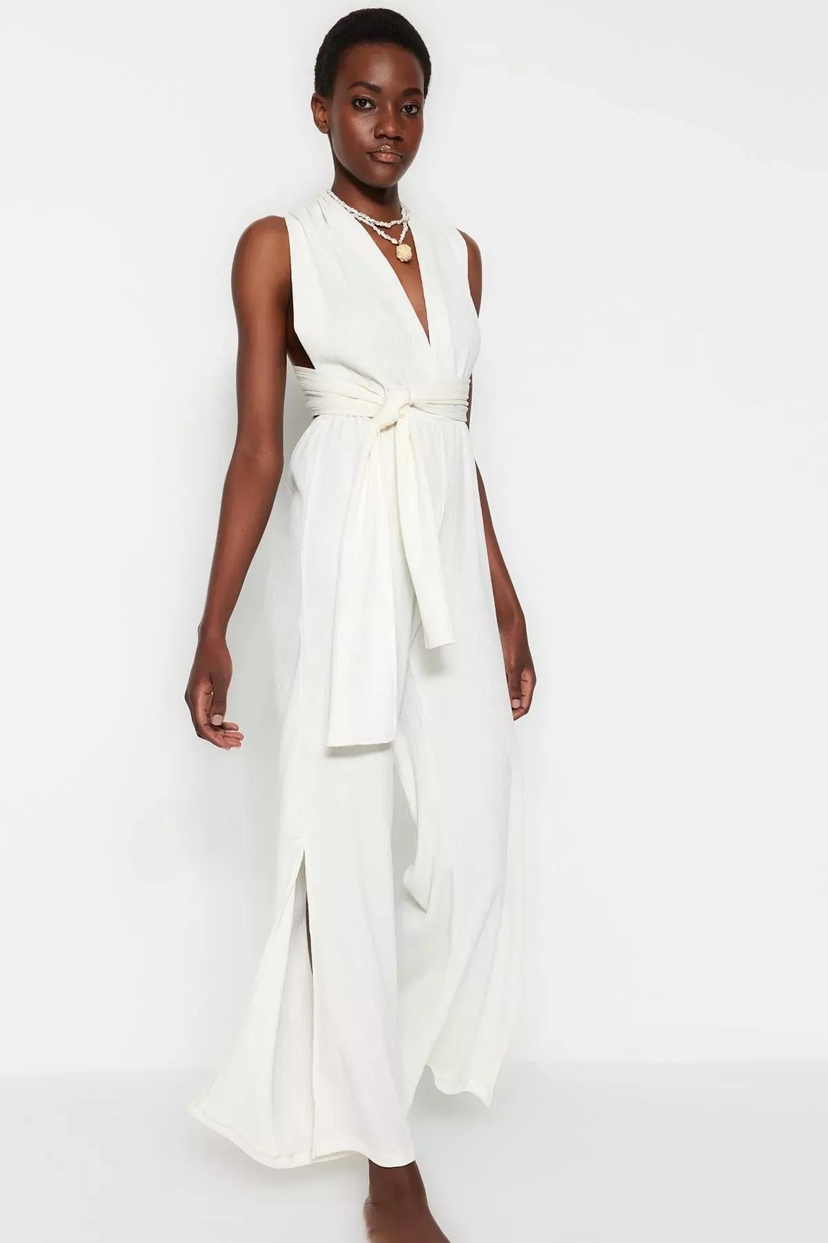 White V-Neck Jumpsuit, Ecru, medium