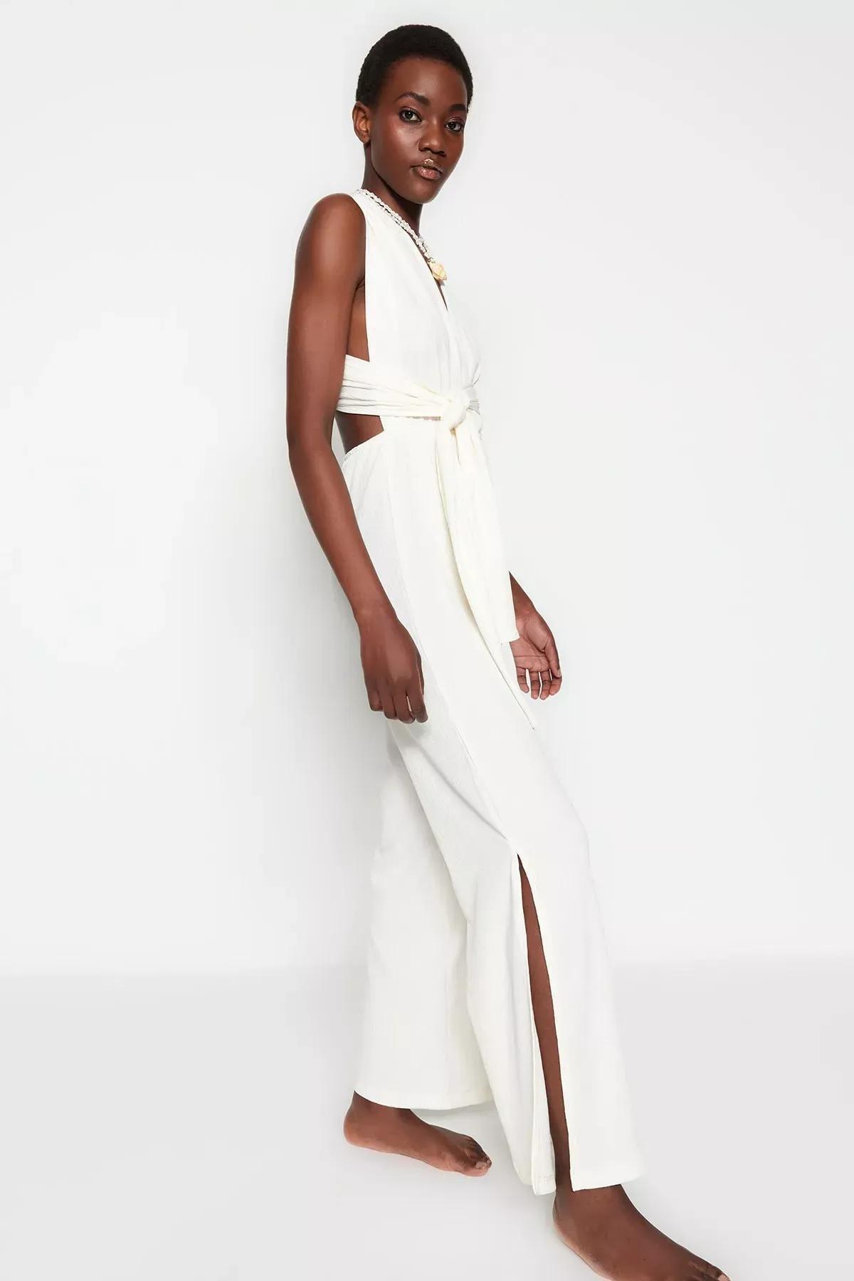 White V-Neck Jumpsuit, Ecru, medium