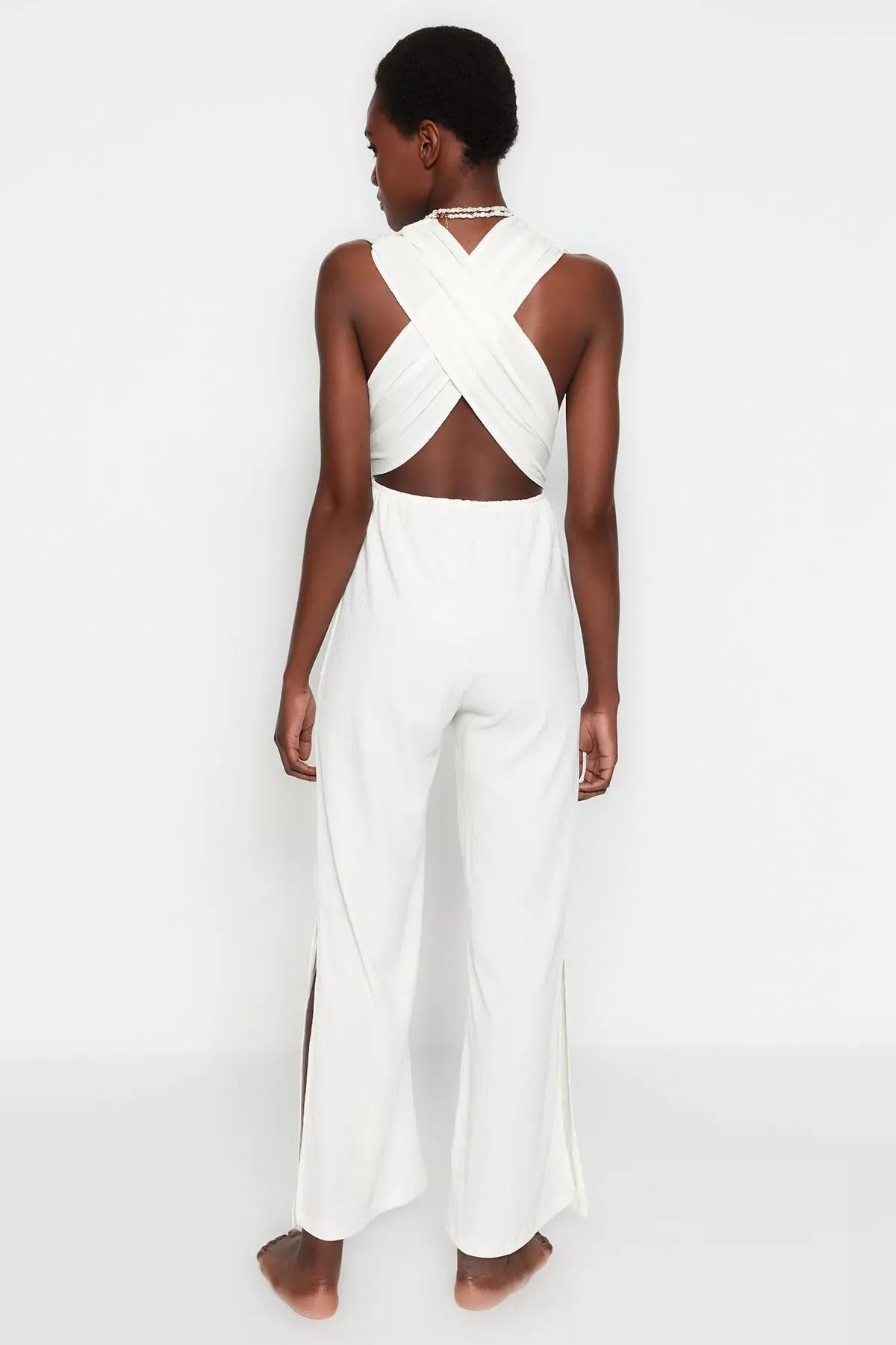 White V-Neck Jumpsuit, Ecru, large image number 3
