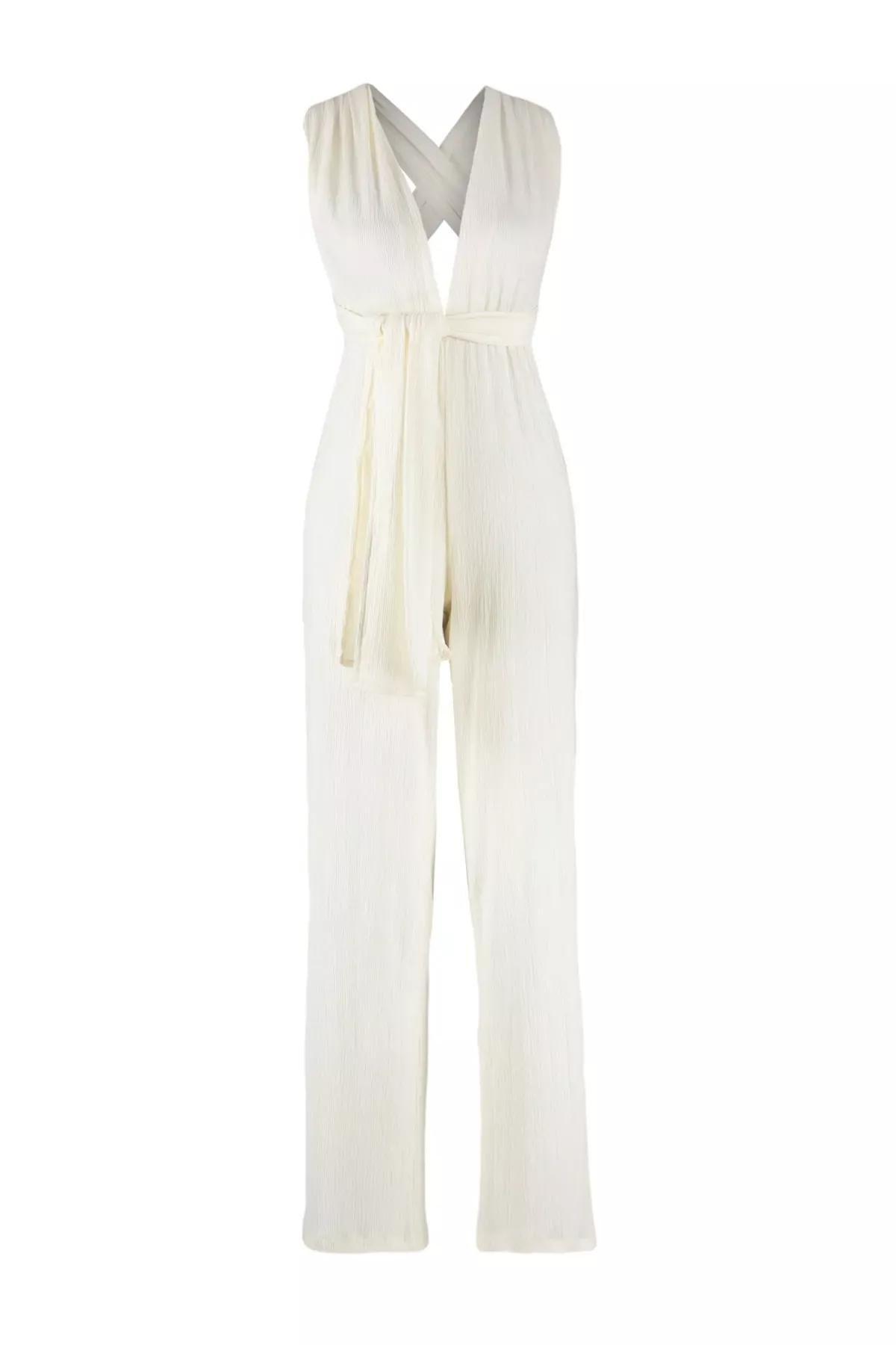 White V-Neck Jumpsuit, Ecru, large image number 4