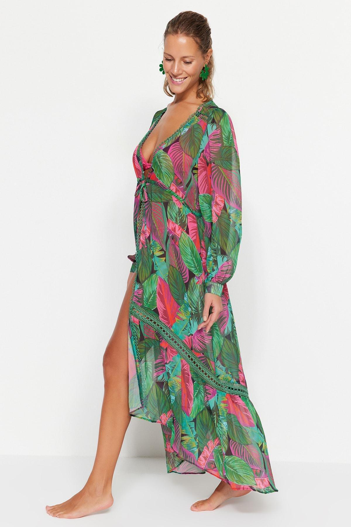 Multicolour Relaxed V-Neck Kaftan, , large image number 1