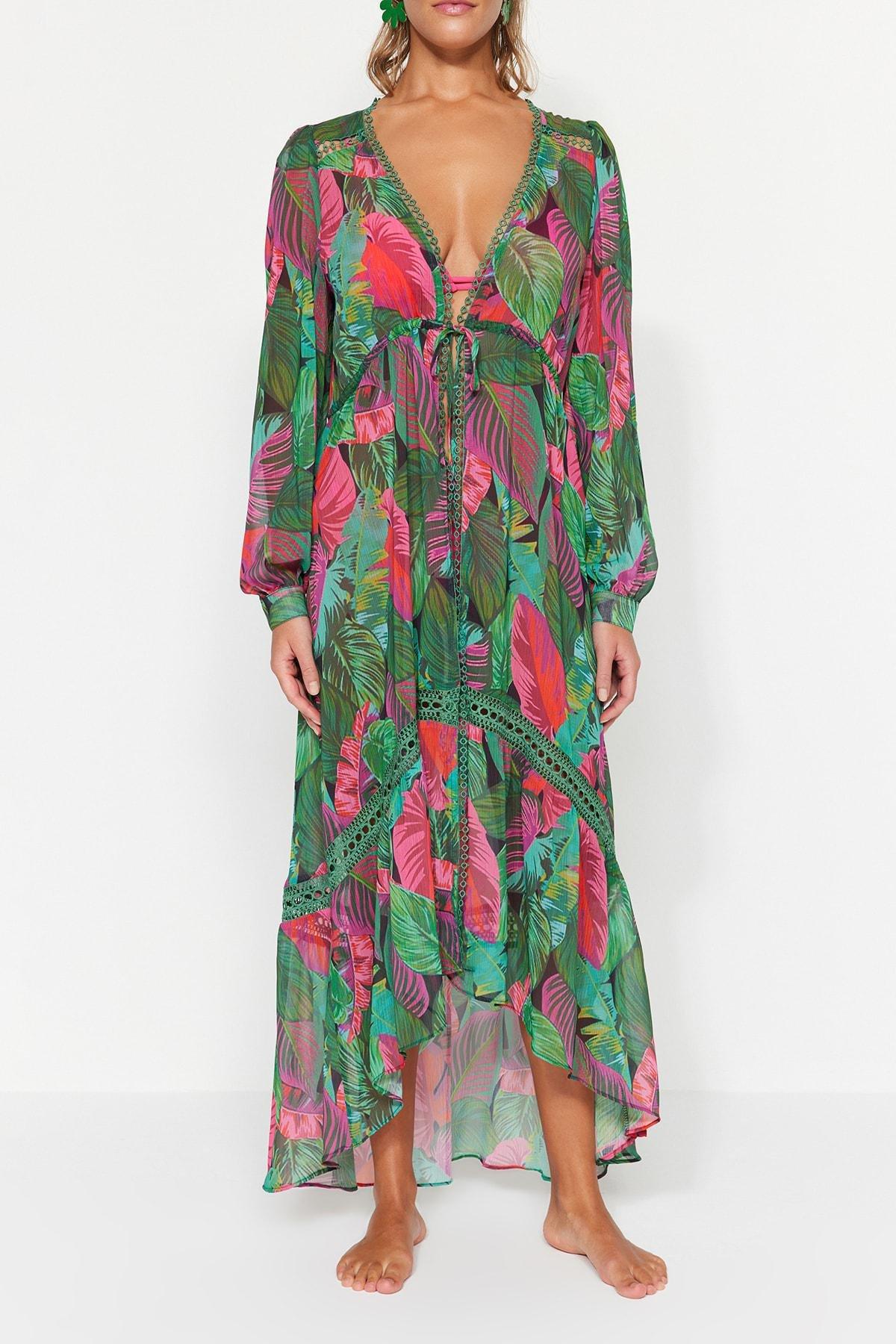 Multicolour Relaxed V-Neck Kaftan, , large image number 4