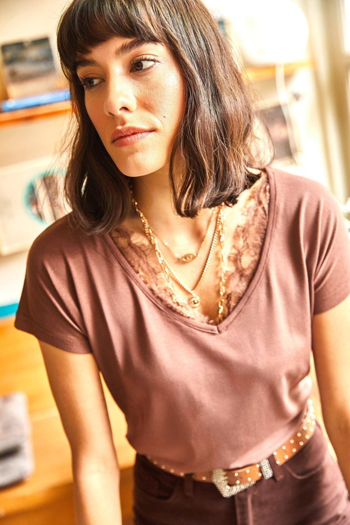 Brown Collar Loose Lace Blouse, , large image number 5