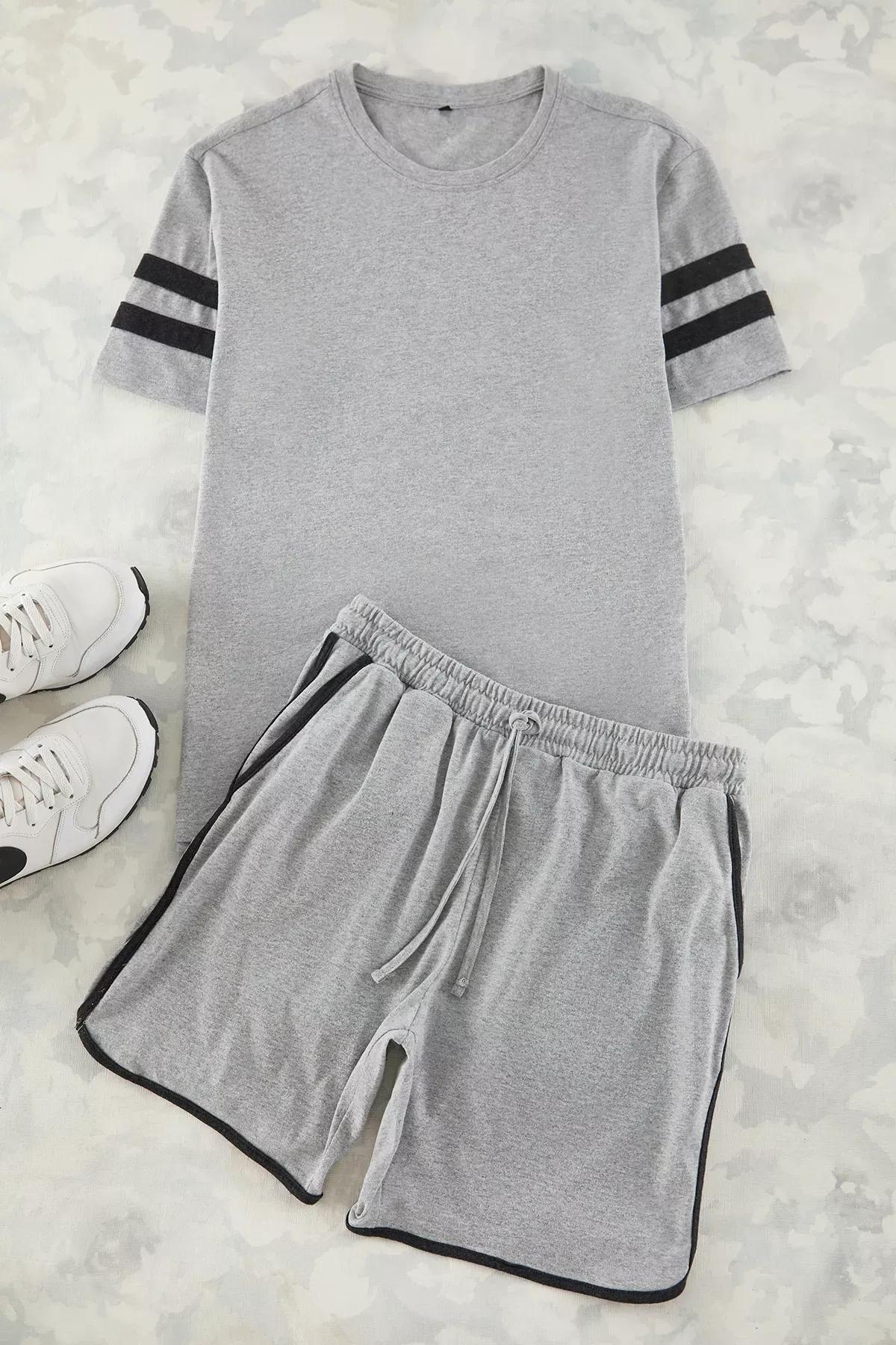 Grey Regular Fit Sleeve Striped Knit Pajama Set, , large image number 0
