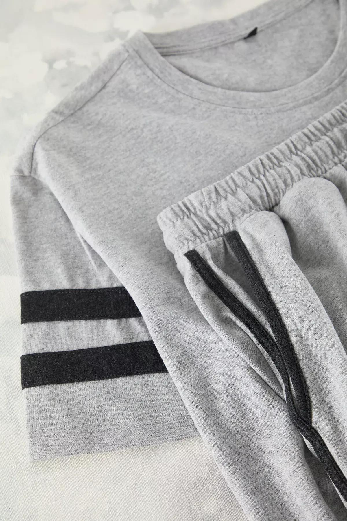 Grey Regular Fit Sleeve Striped Knit Pajama Set, , large image number 1