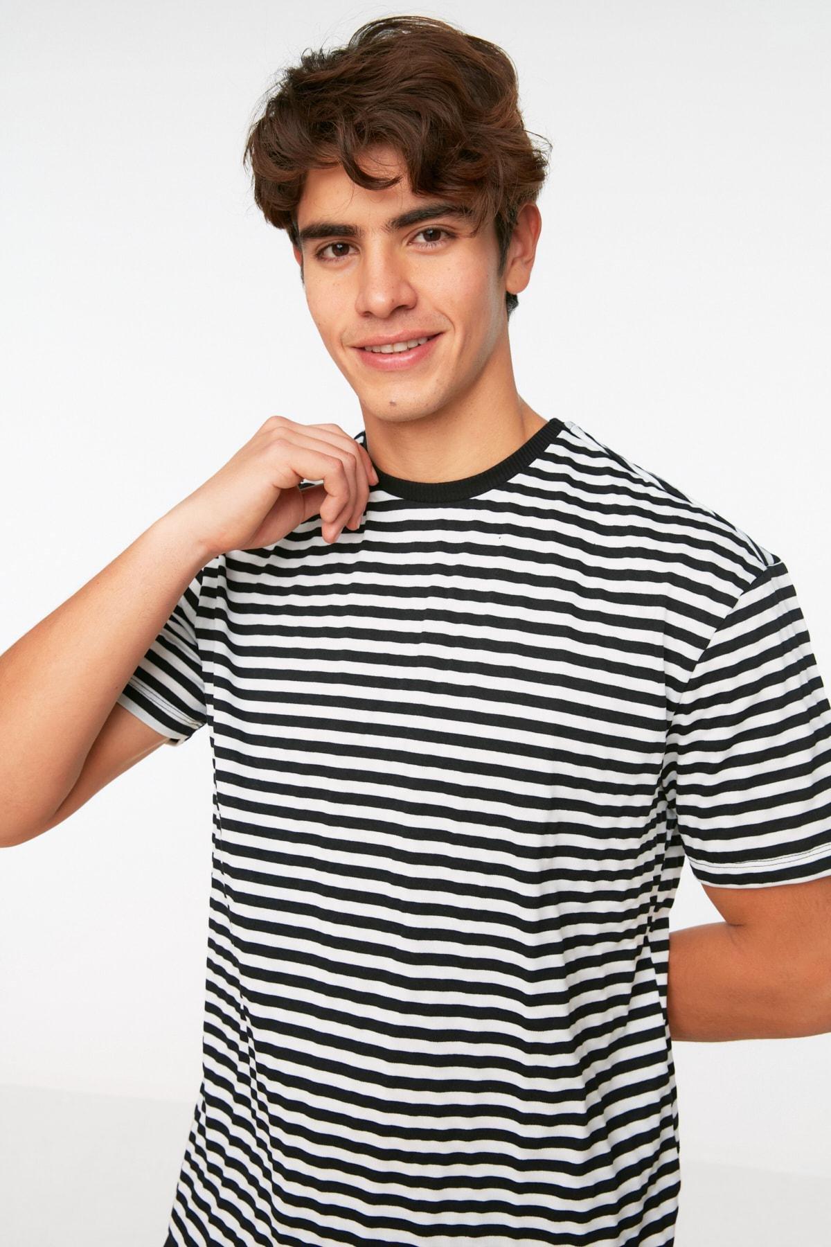 Black Striped Crew Neck T-Shirt, Black, large image number 0