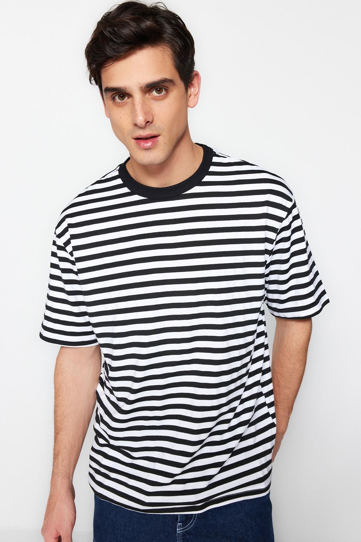 Black Striped Crew Neck T-Shirt, Black, large image number 1