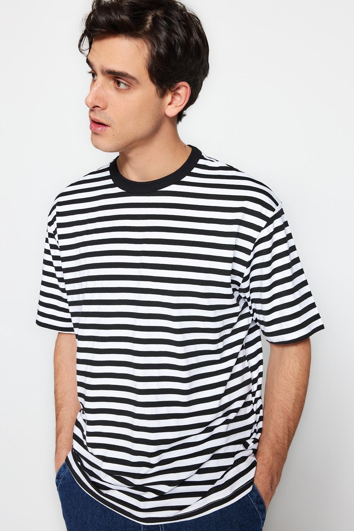 Black Striped Crew Neck T-Shirt, Black, large image number 2