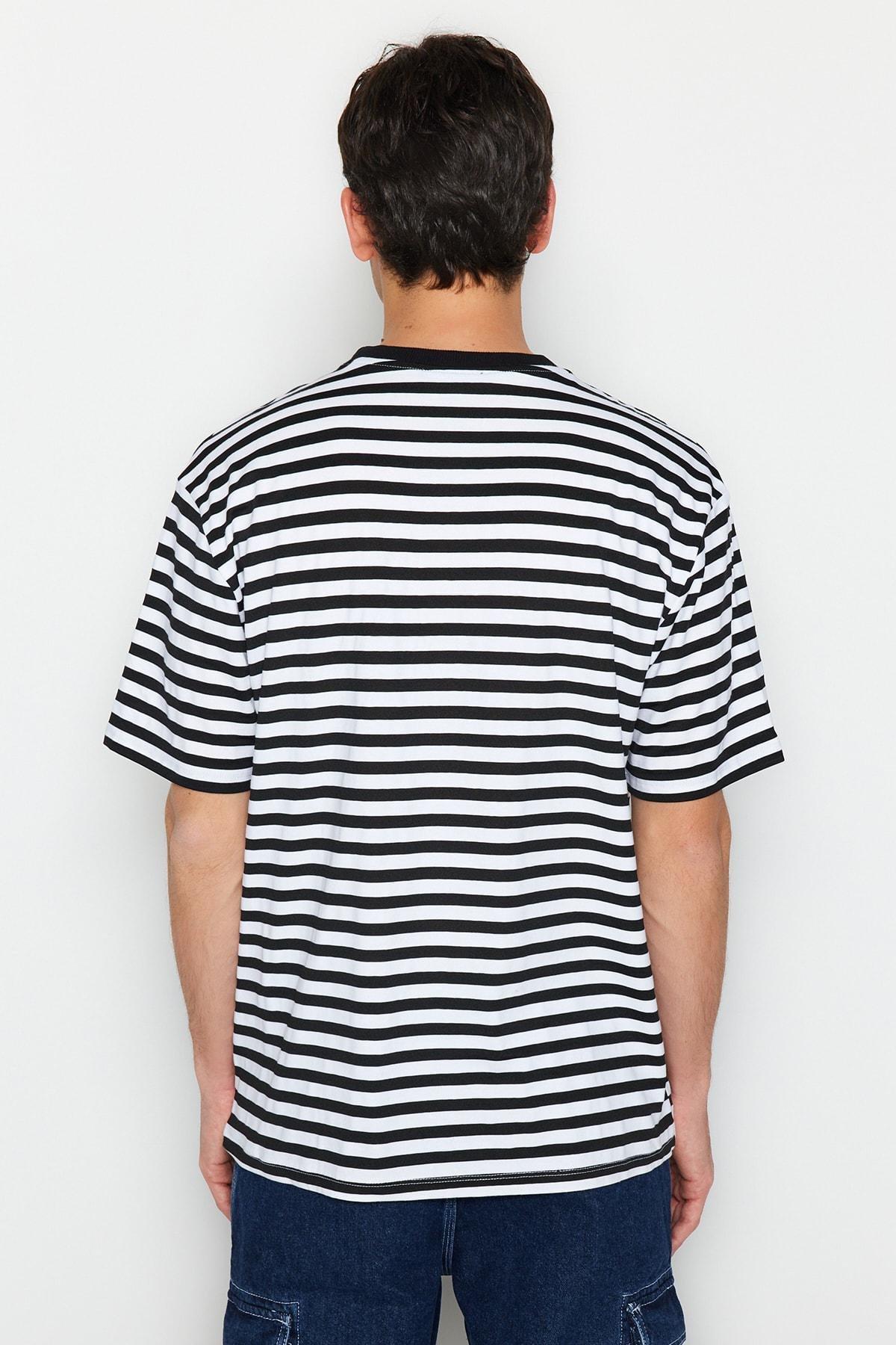 Black Striped Crew Neck T-Shirt, Black, large image number 5
