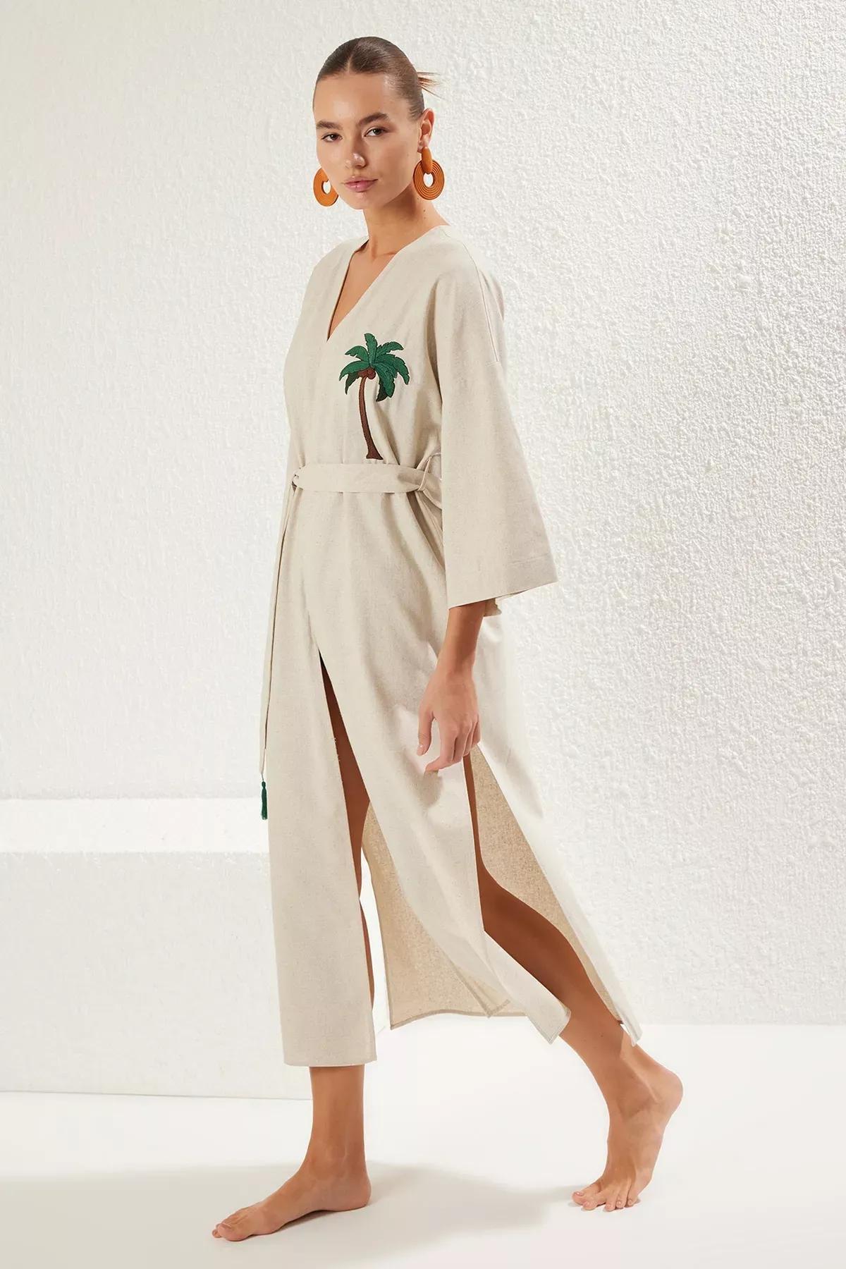 Green Belted Maxi Woven Kimono, , large image number 1