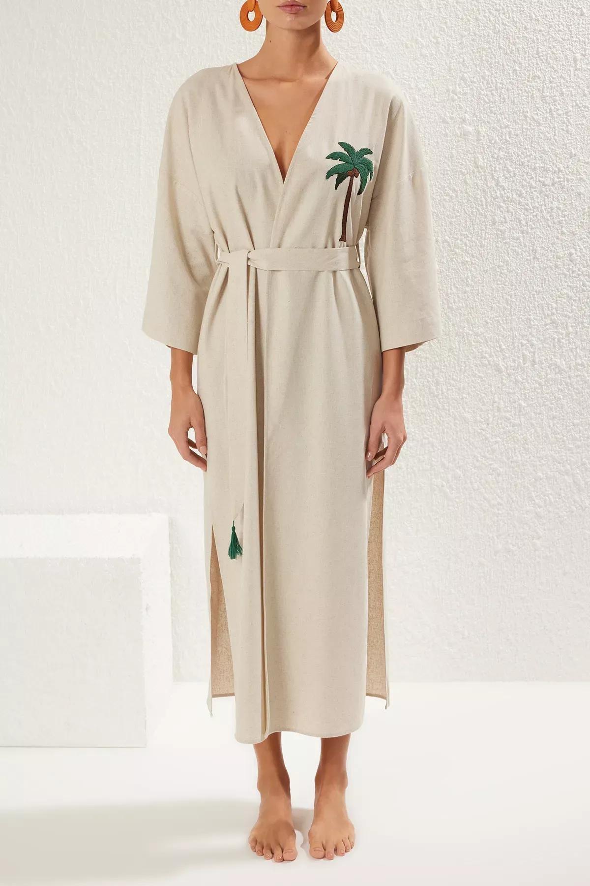 Green Belted Maxi Woven Kimono, , large image number 2