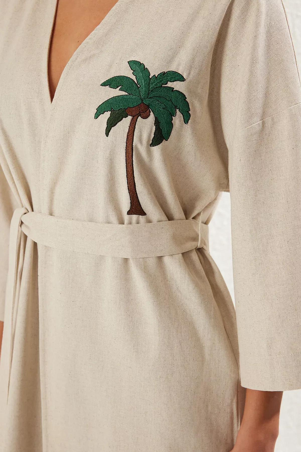 Green Belted Maxi Woven Kimono, , large image number 3
