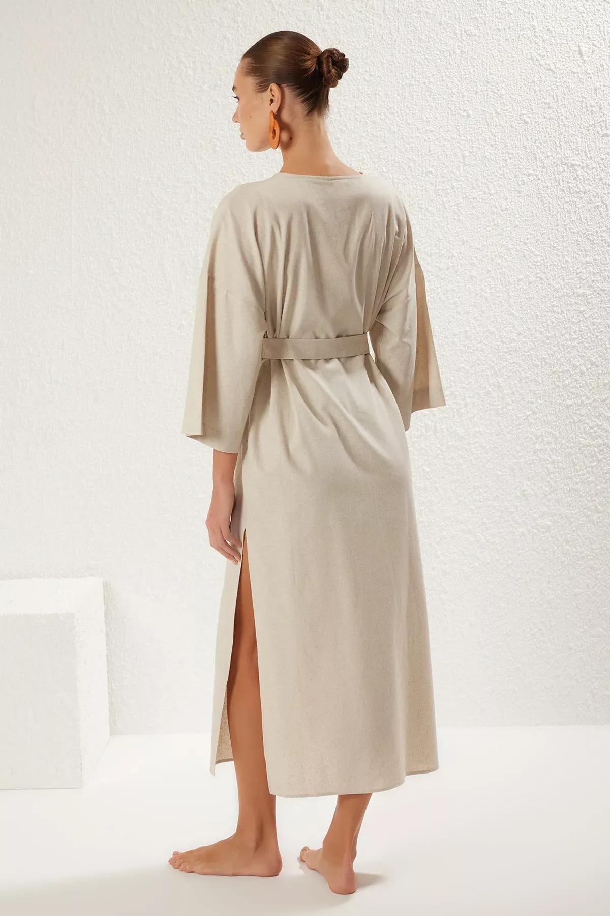 Green Belted Maxi Woven Kimono, , large image number 4