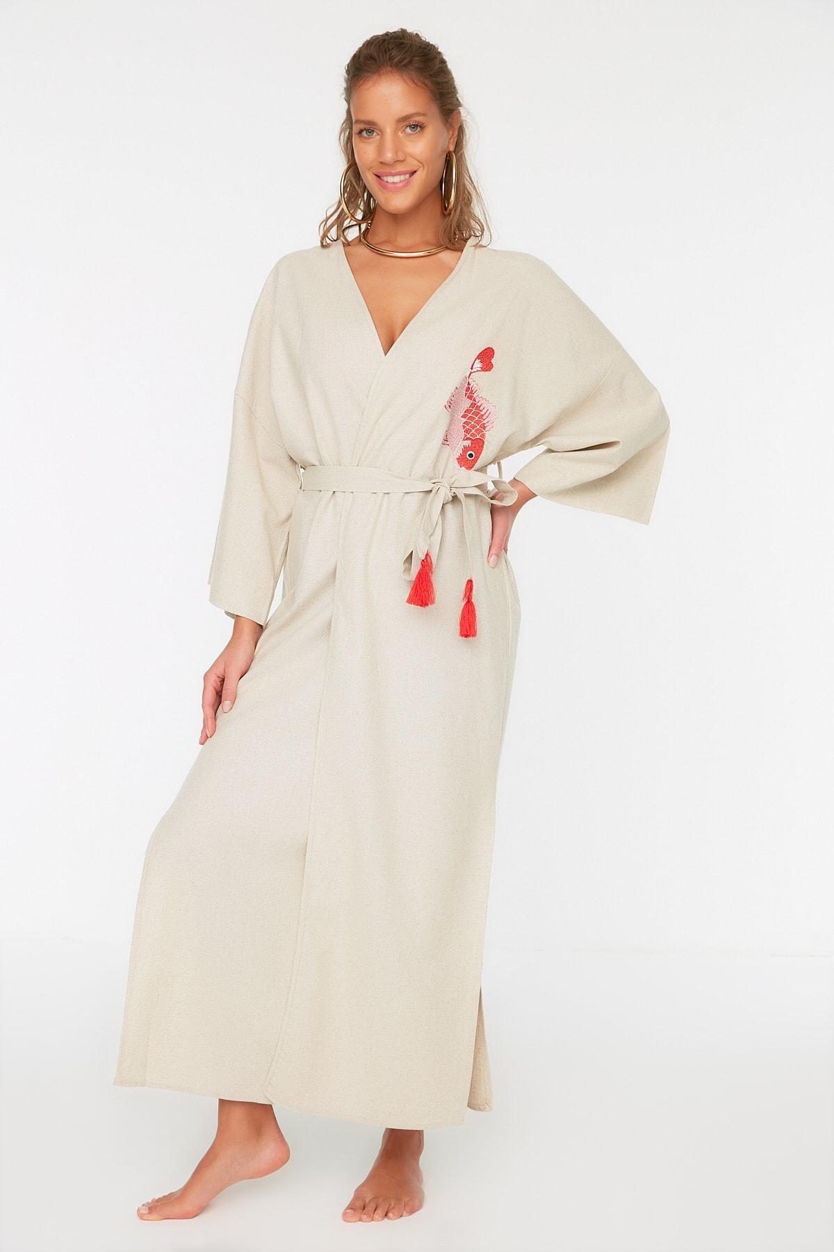 Cotton Patterned V-Neck Kimono, , large image number 1