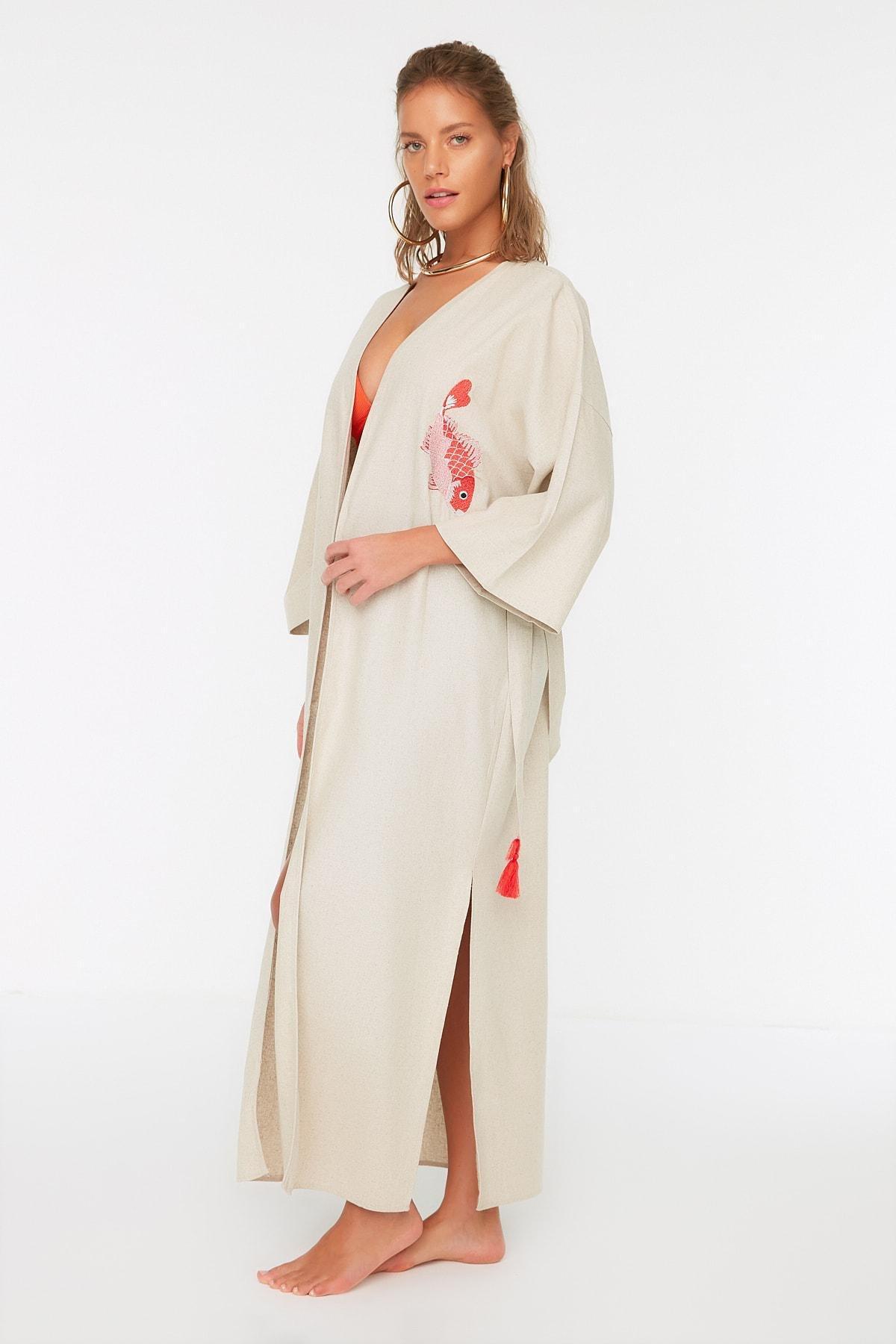 Cotton Patterned V-Neck Kimono, , large image number 2