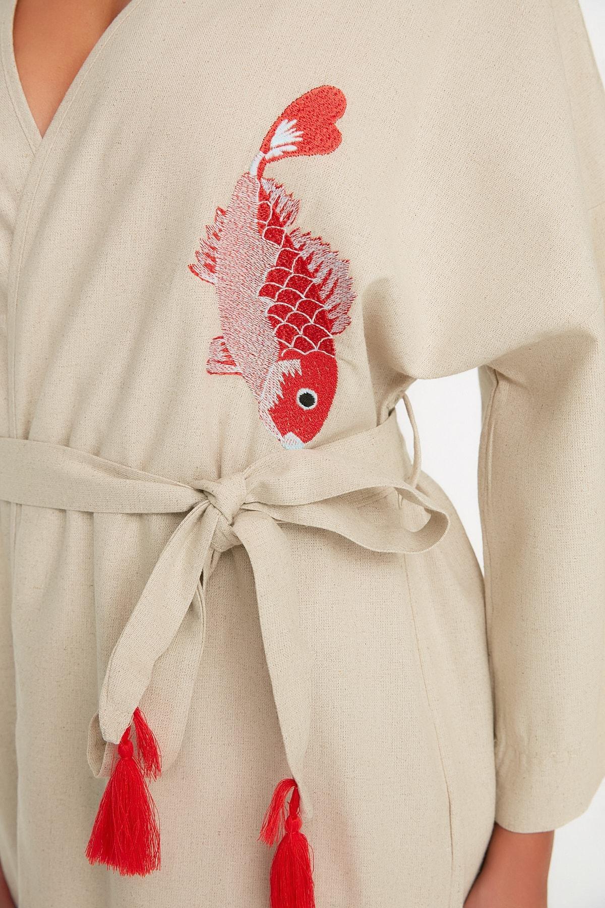 Cotton Patterned V-Neck Kimono, , large image number 3