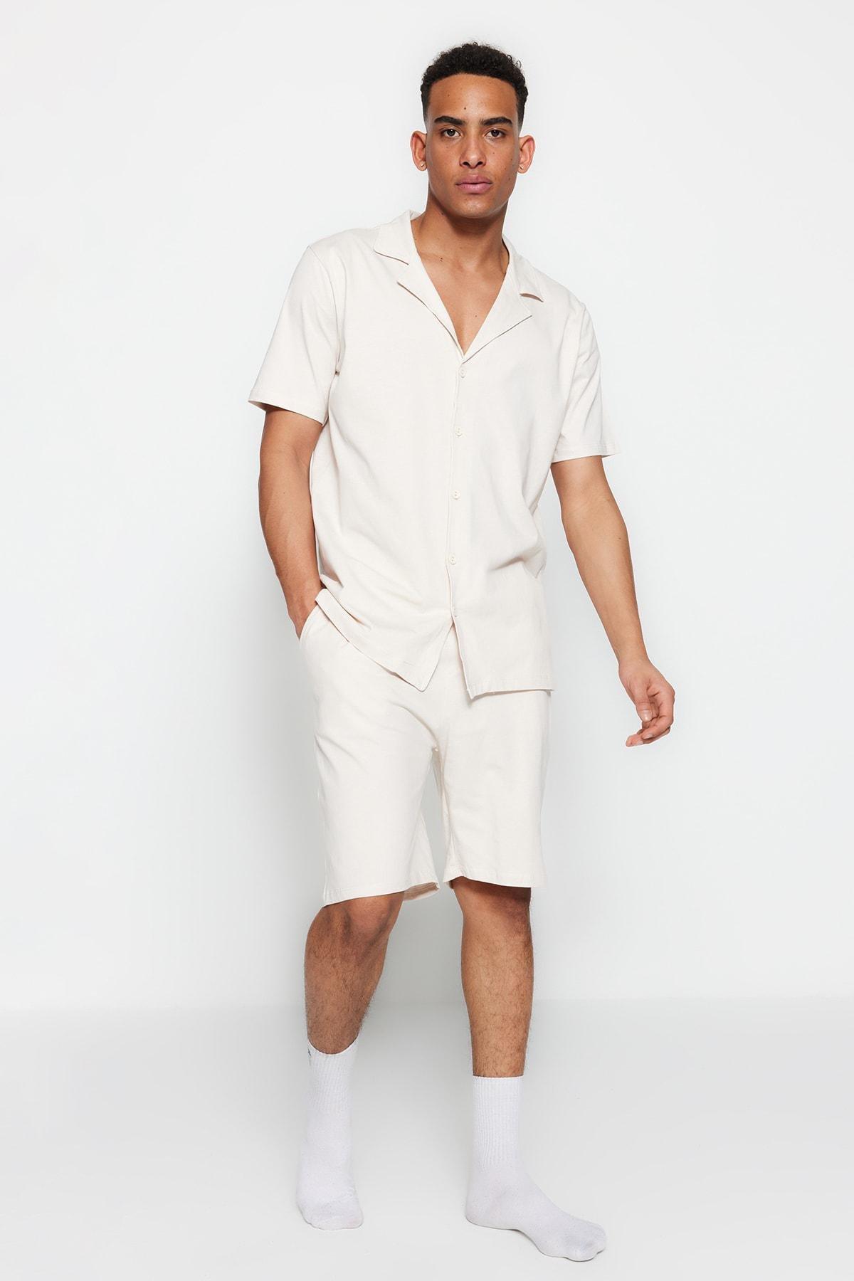 Beige Shirt Collar Pajama Set, , large image number 1