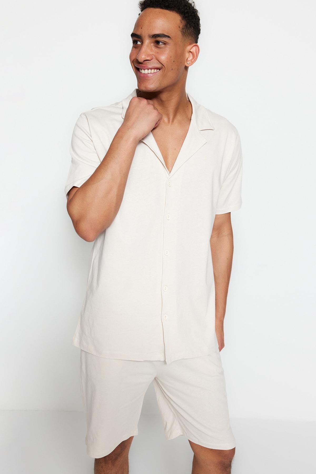Beige Shirt Collar Pajama Set, , large image number 2