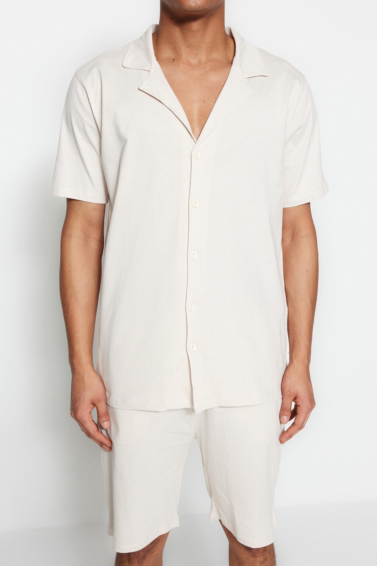 Beige Shirt Collar Pajama Set, , large image number 3