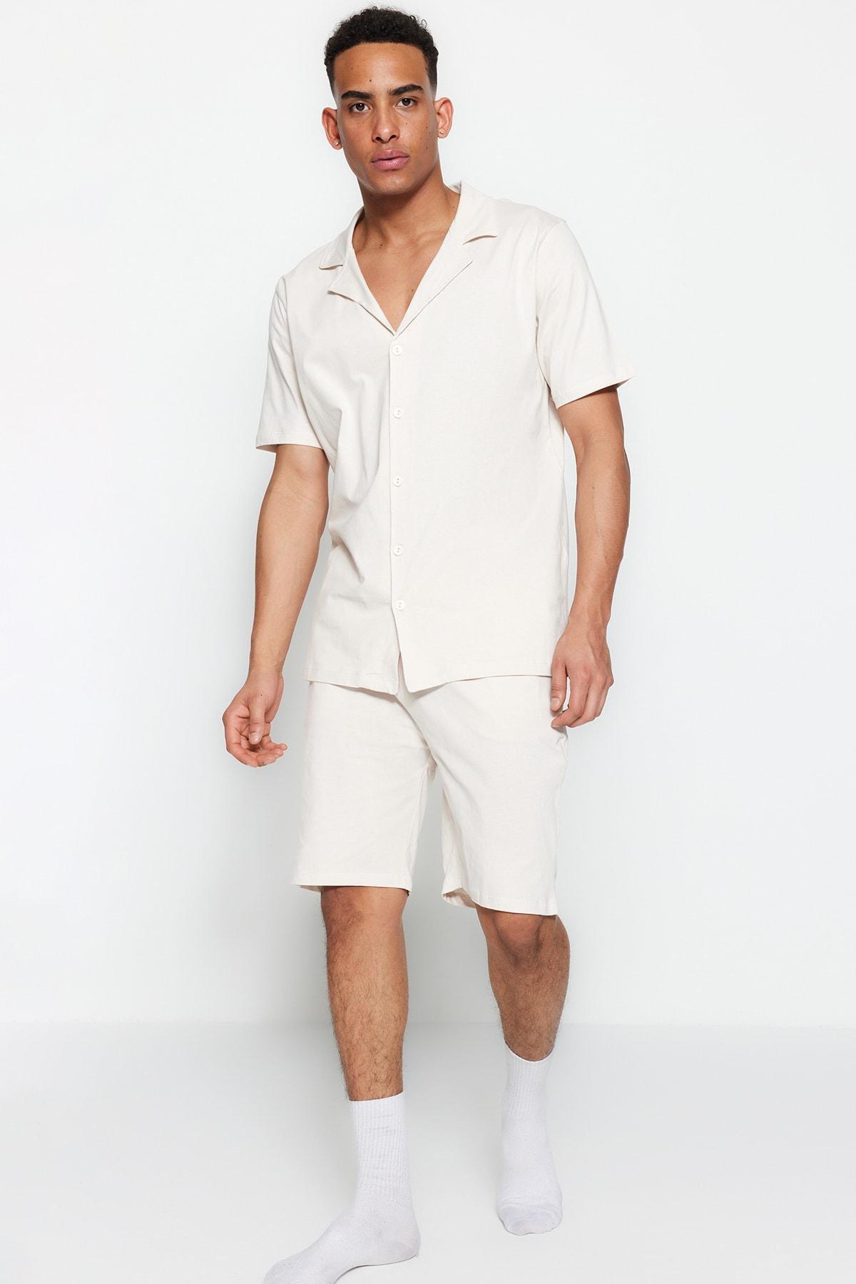 Beige Shirt Collar Pajama Set, , large image number 5