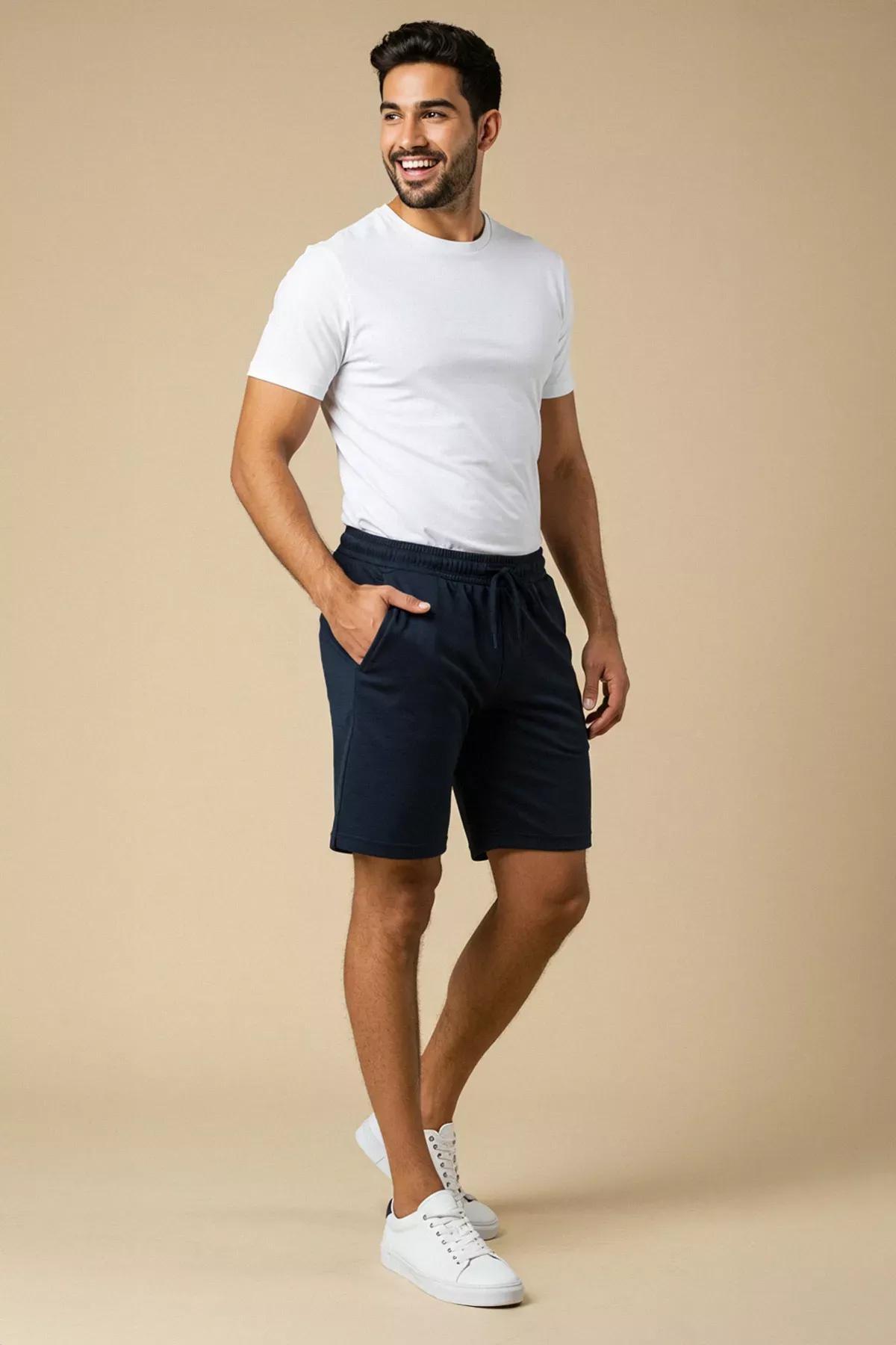 شورت بقصة مستقيمة بخصر متوسط الارتفاع، كحلي, Dark blue, medium