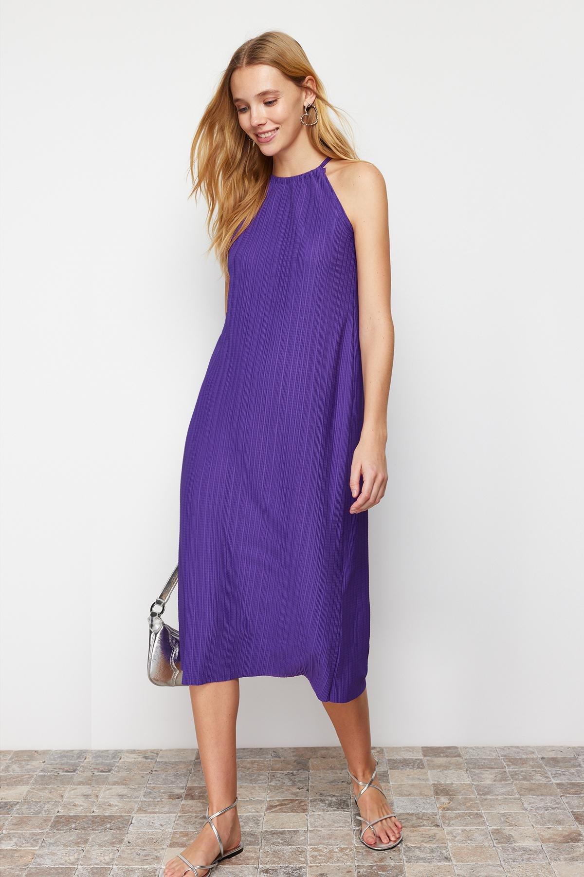 Purple Sleeveless Midi Pleated Knitted Dress, , large image number 1