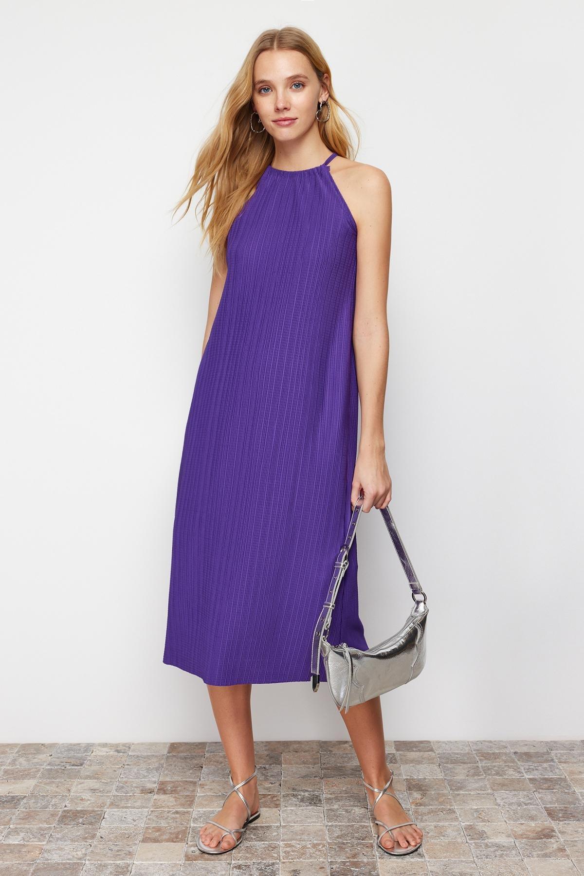 Purple Sleeveless Midi Pleated Knitted Dress, , large image number 2