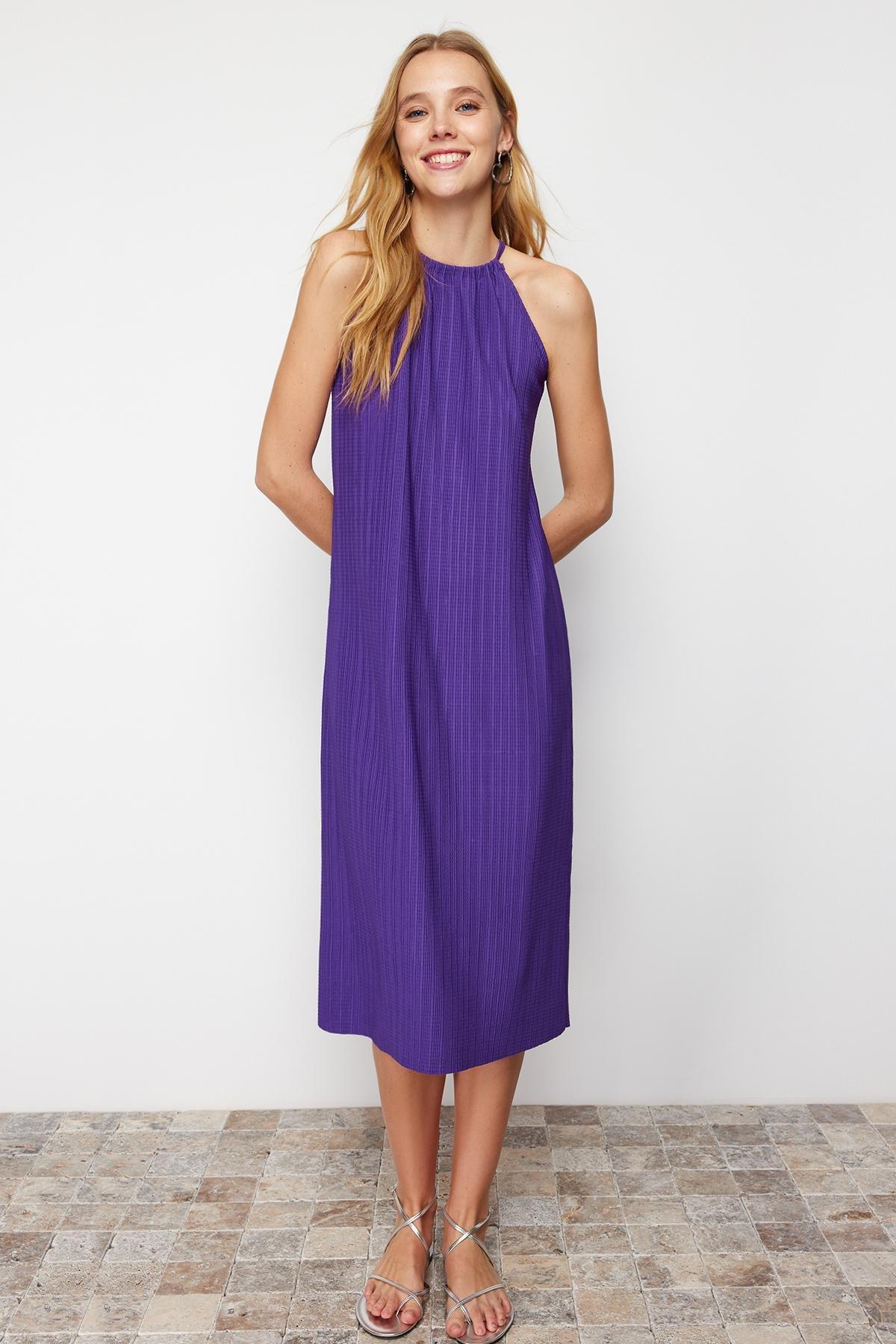 Purple Sleeveless Midi Pleated Knitted Dress, , large image number 3