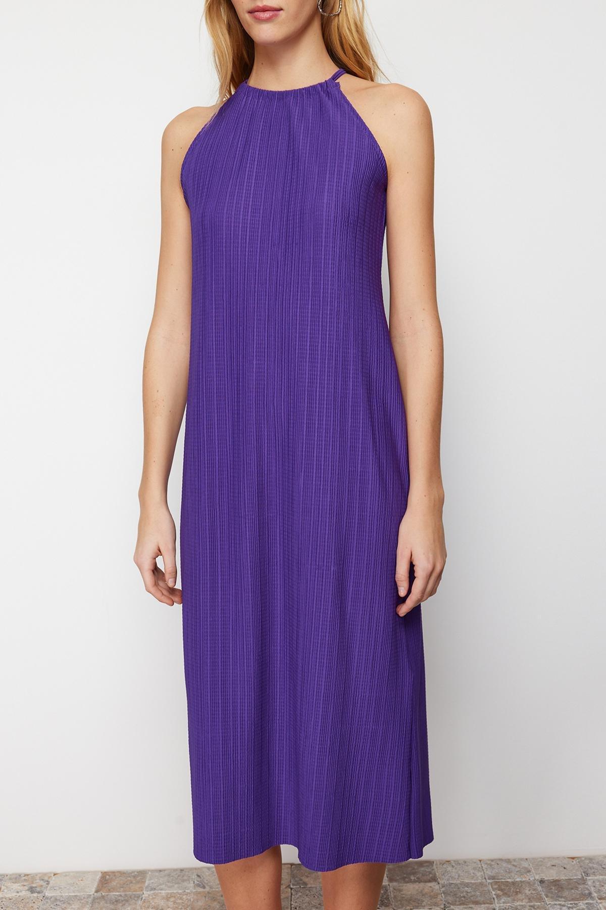 Purple Sleeveless Midi Pleated Knitted Dress, , large image number 5