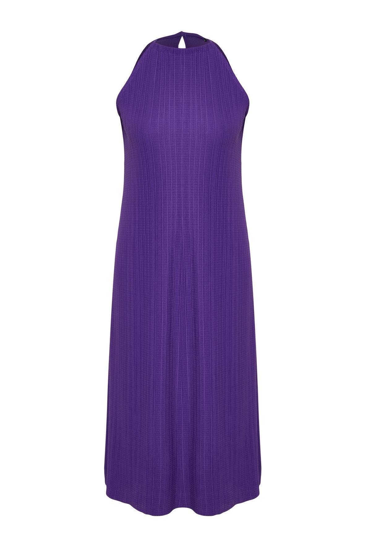 Purple Sleeveless Midi Pleated Knitted Dress, , large image number 6