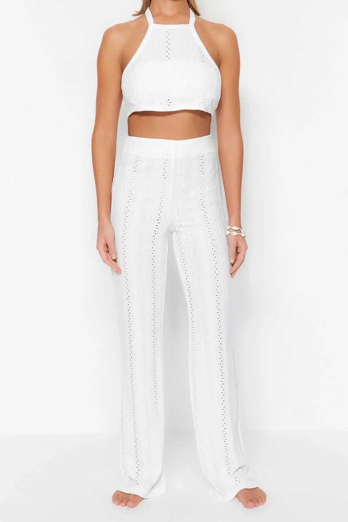 White Halterneck Slim Co-Ord Set, Ecru, large image number 3