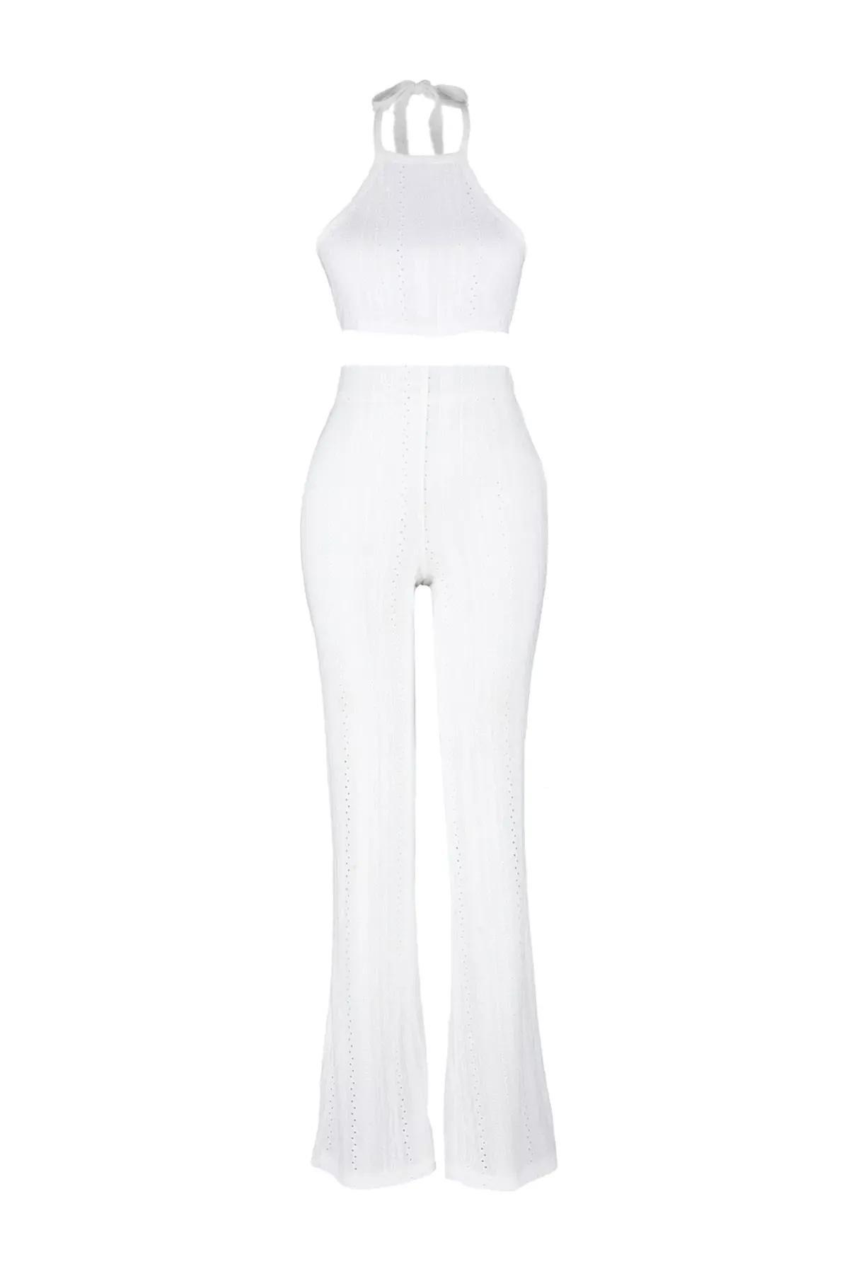 White Halterneck Slim Co-Ord Set, Ecru, large image number 5